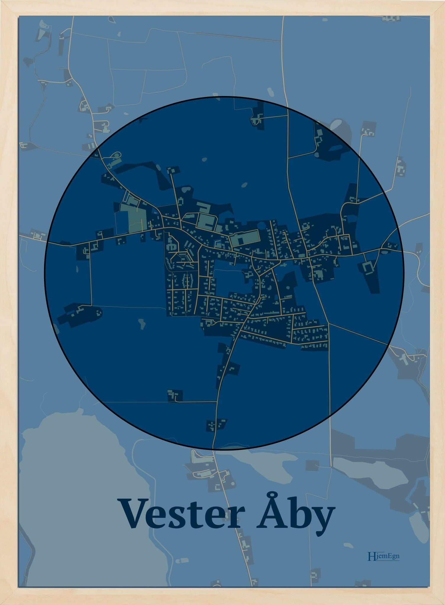 Vester Åby plakat i farve mørk blå og HjemEgn.dk design centrum. Design bykort for Vester Åby
