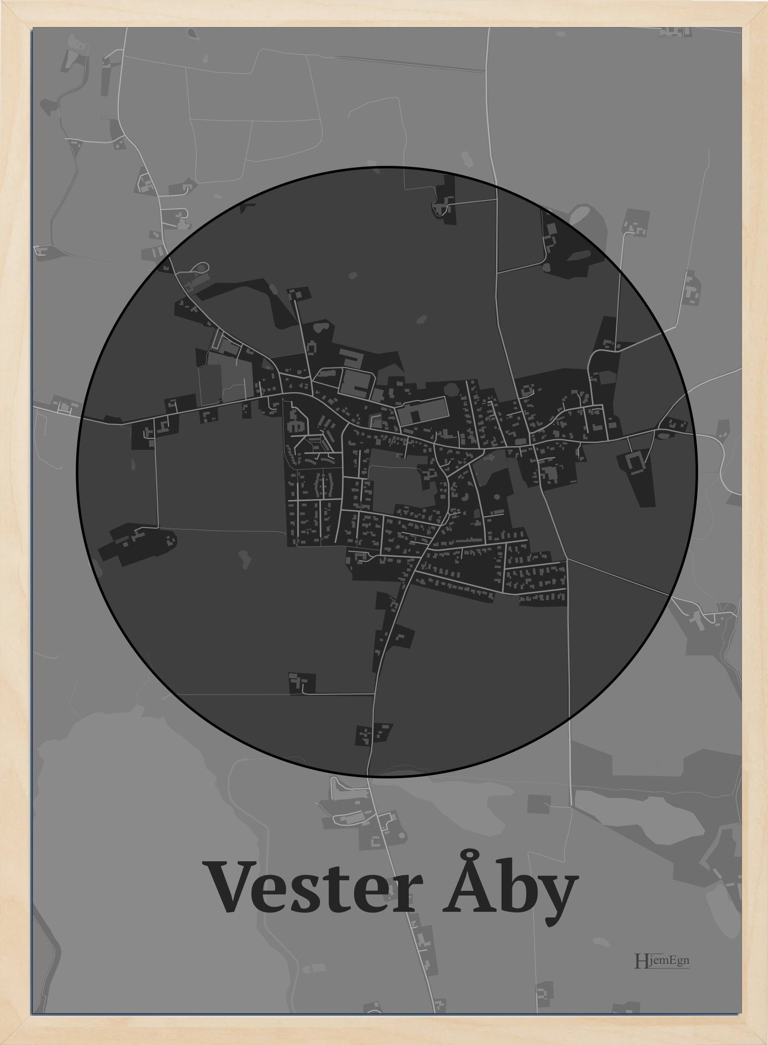 Vester Åby plakat i farve mørk grå og HjemEgn.dk design centrum. Design bykort for Vester Åby