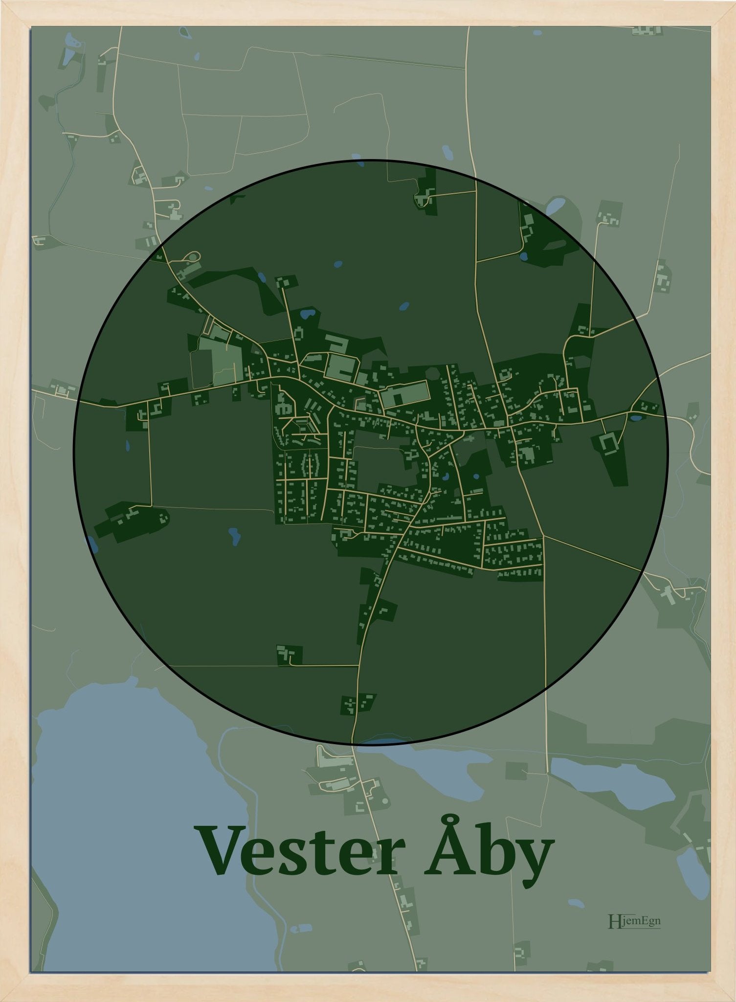 Vester Åby plakat i farve mørk grøn og HjemEgn.dk design centrum. Design bykort for Vester Åby