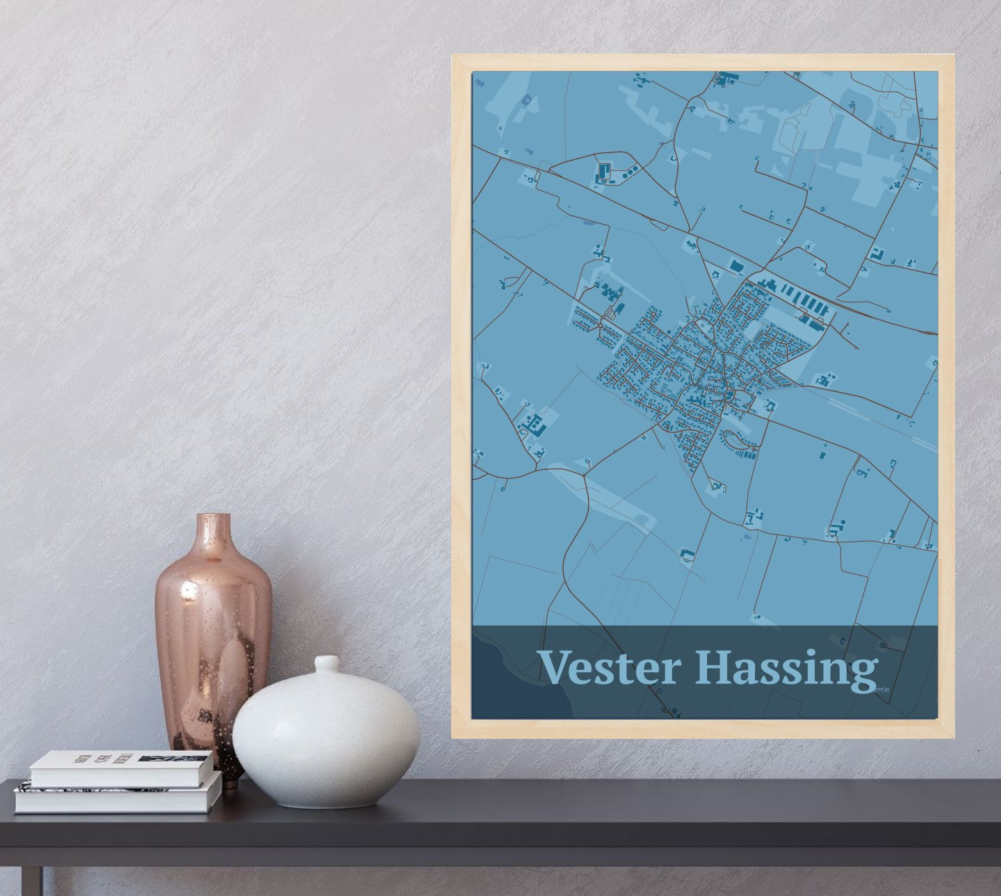 Vester Hassing plakat i farve  og HjemEgn.dk design firkantet. Design bykort for Vester Hassing