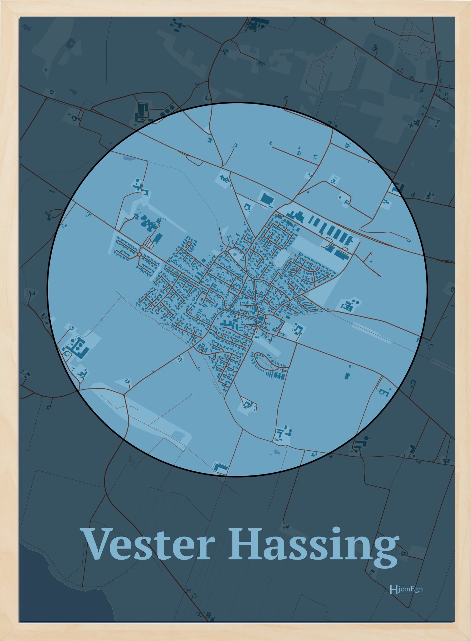 Vester Hassing plakat i farve pastel blå og HjemEgn.dk design centrum. Design bykort for Vester Hassing