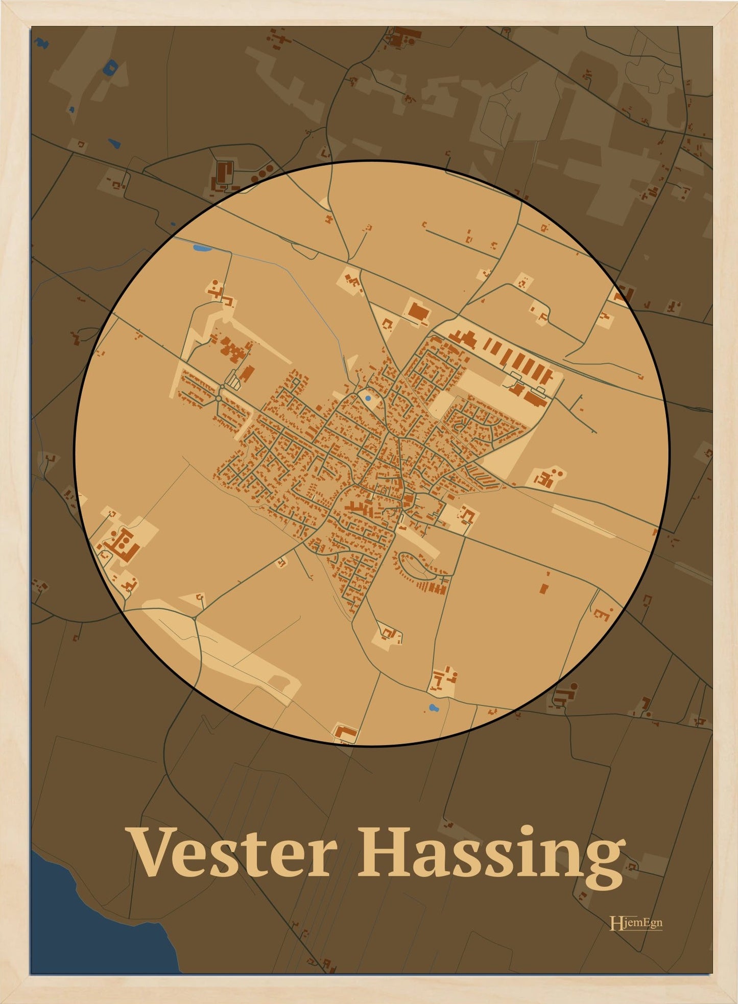 Vester Hassing plakat i farve pastel brun og HjemEgn.dk design centrum. Design bykort for Vester Hassing