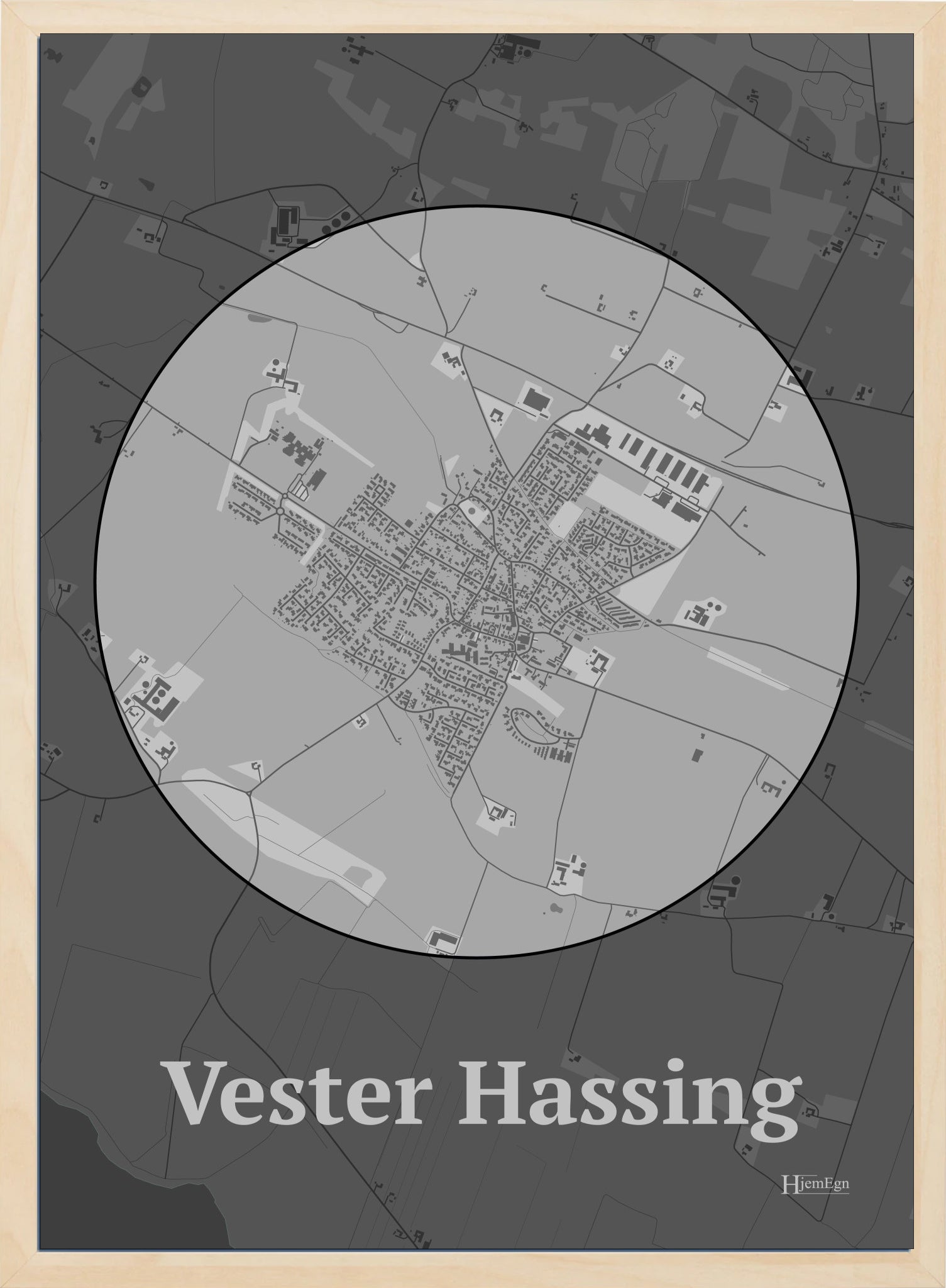 Vester Hassing plakat i farve pastel grå og HjemEgn.dk design centrum. Design bykort for Vester Hassing
