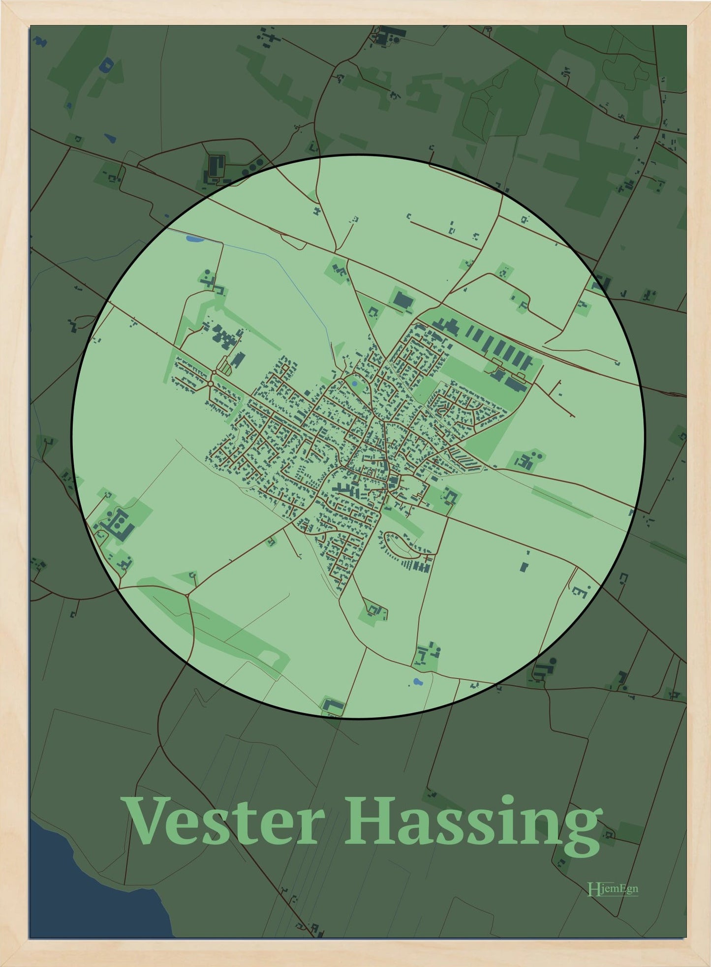 Vester Hassing plakat i farve pastel grøn og HjemEgn.dk design centrum. Design bykort for Vester Hassing