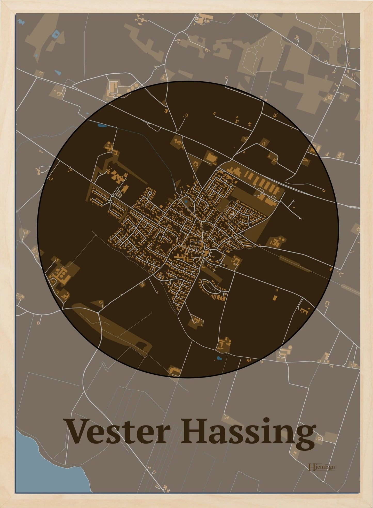 Vester Hassing plakat i farve mørk brun og HjemEgn.dk design centrum. Design bykort for Vester Hassing