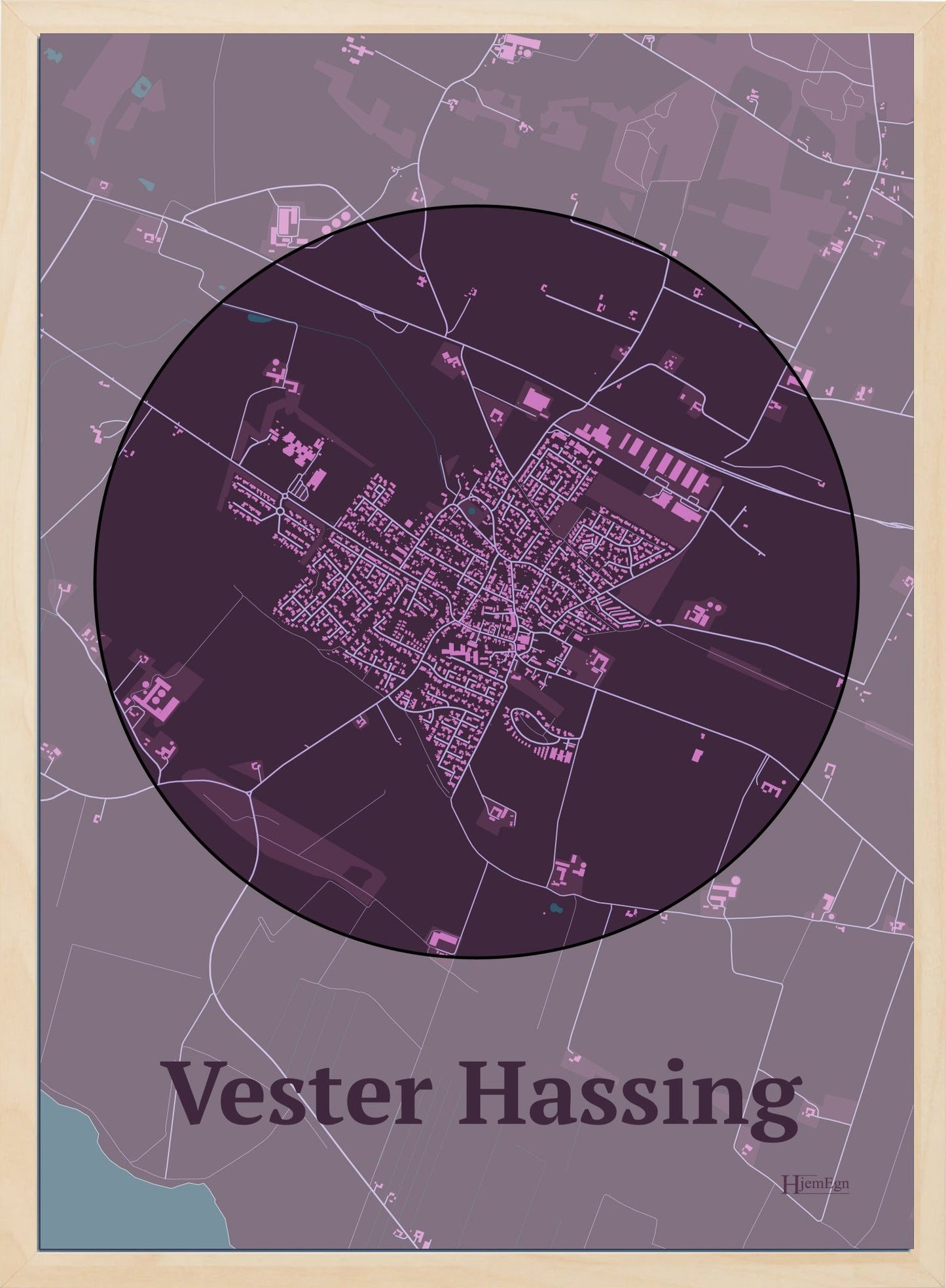 Vester Hassing plakat i farve mørk rød og HjemEgn.dk design centrum. Design bykort for Vester Hassing