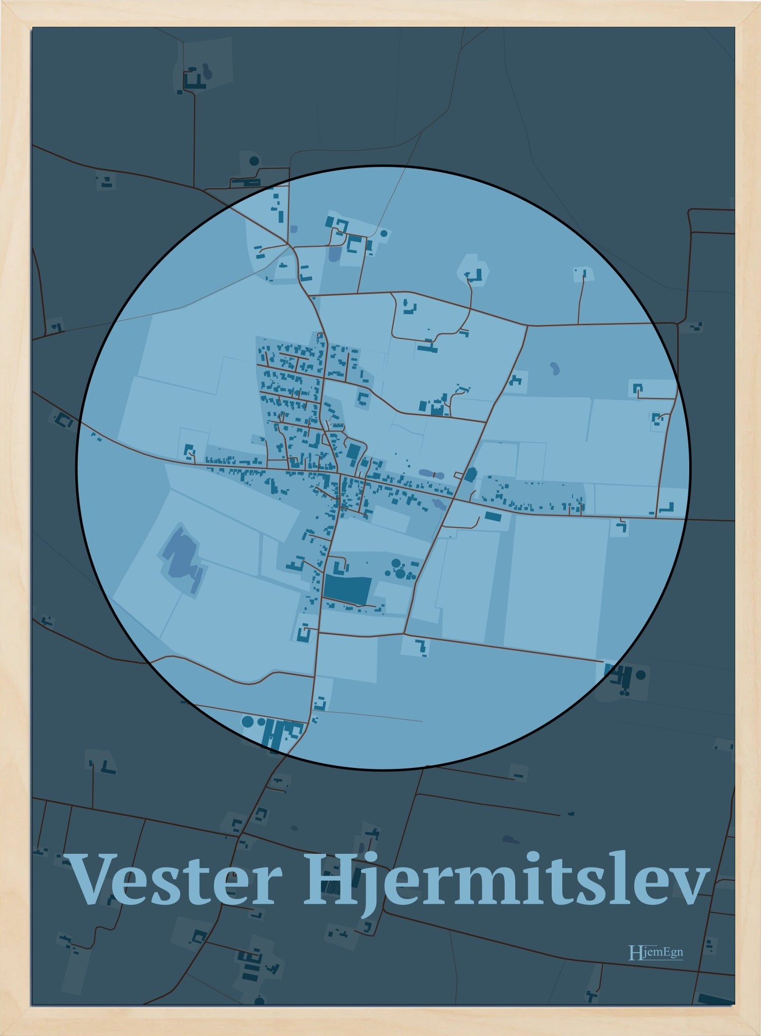 Vester Hjermitslev plakat i farve pastel blå og HjemEgn.dk design centrum. Design bykort for Vester Hjermitslev