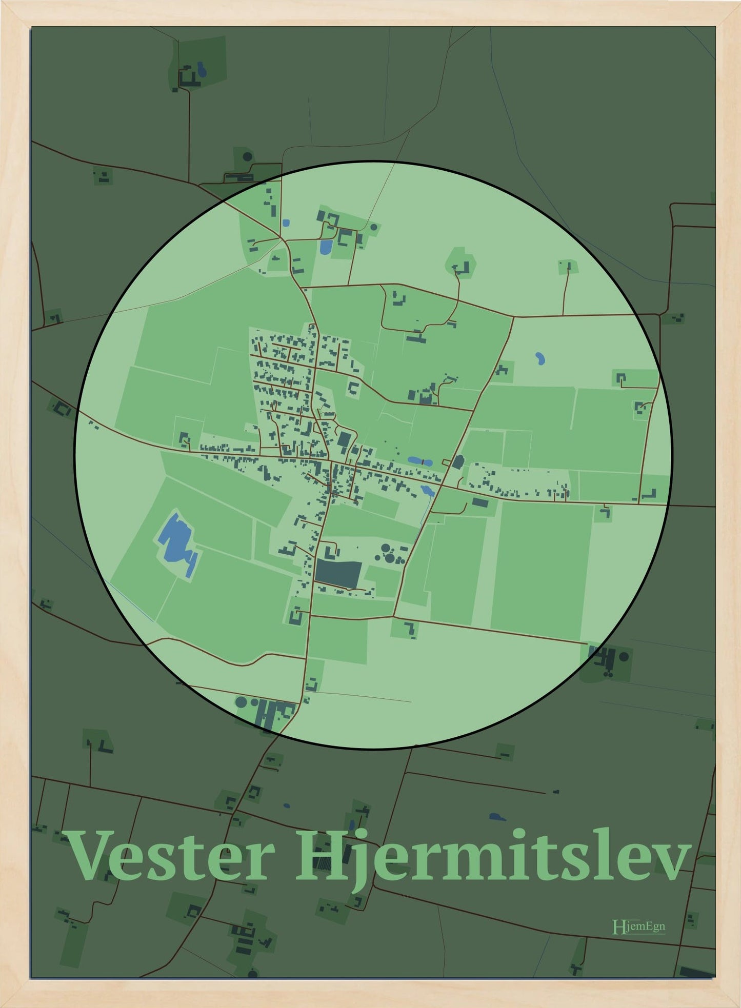 Vester Hjermitslev plakat i farve pastel grøn og HjemEgn.dk design centrum. Design bykort for Vester Hjermitslev