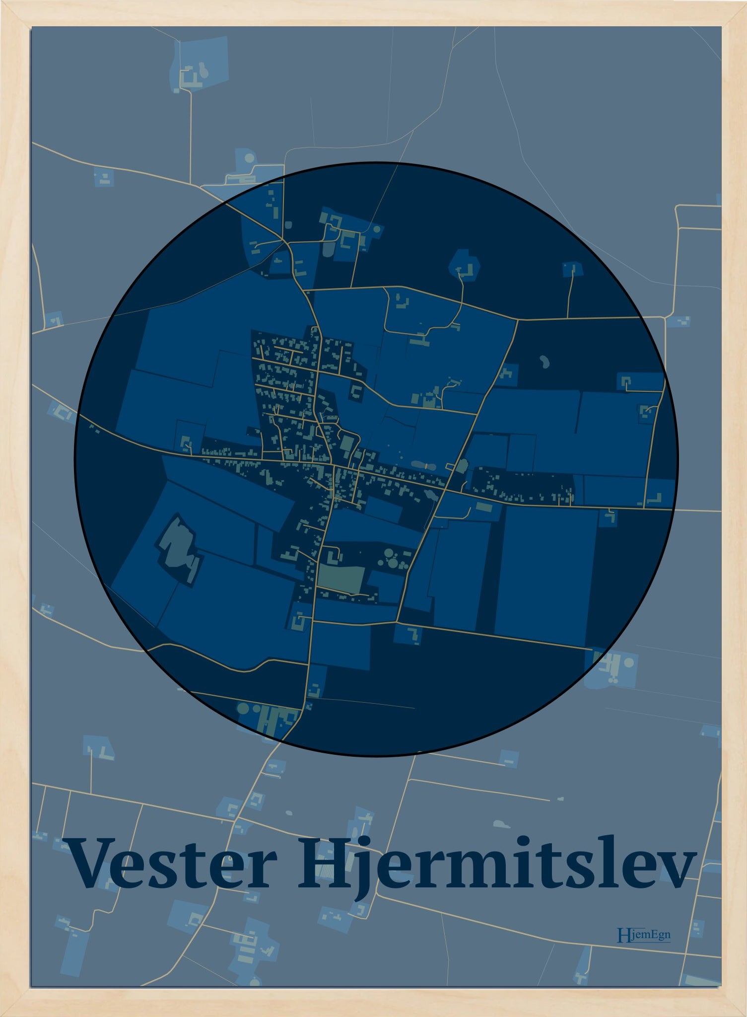 Vester Hjermitslev plakat i farve mørk blå og HjemEgn.dk design centrum. Design bykort for Vester Hjermitslev