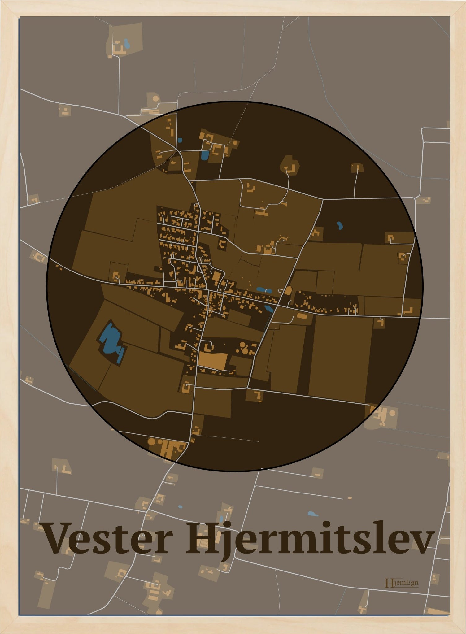 Vester Hjermitslev plakat i farve mørk brun og HjemEgn.dk design centrum. Design bykort for Vester Hjermitslev