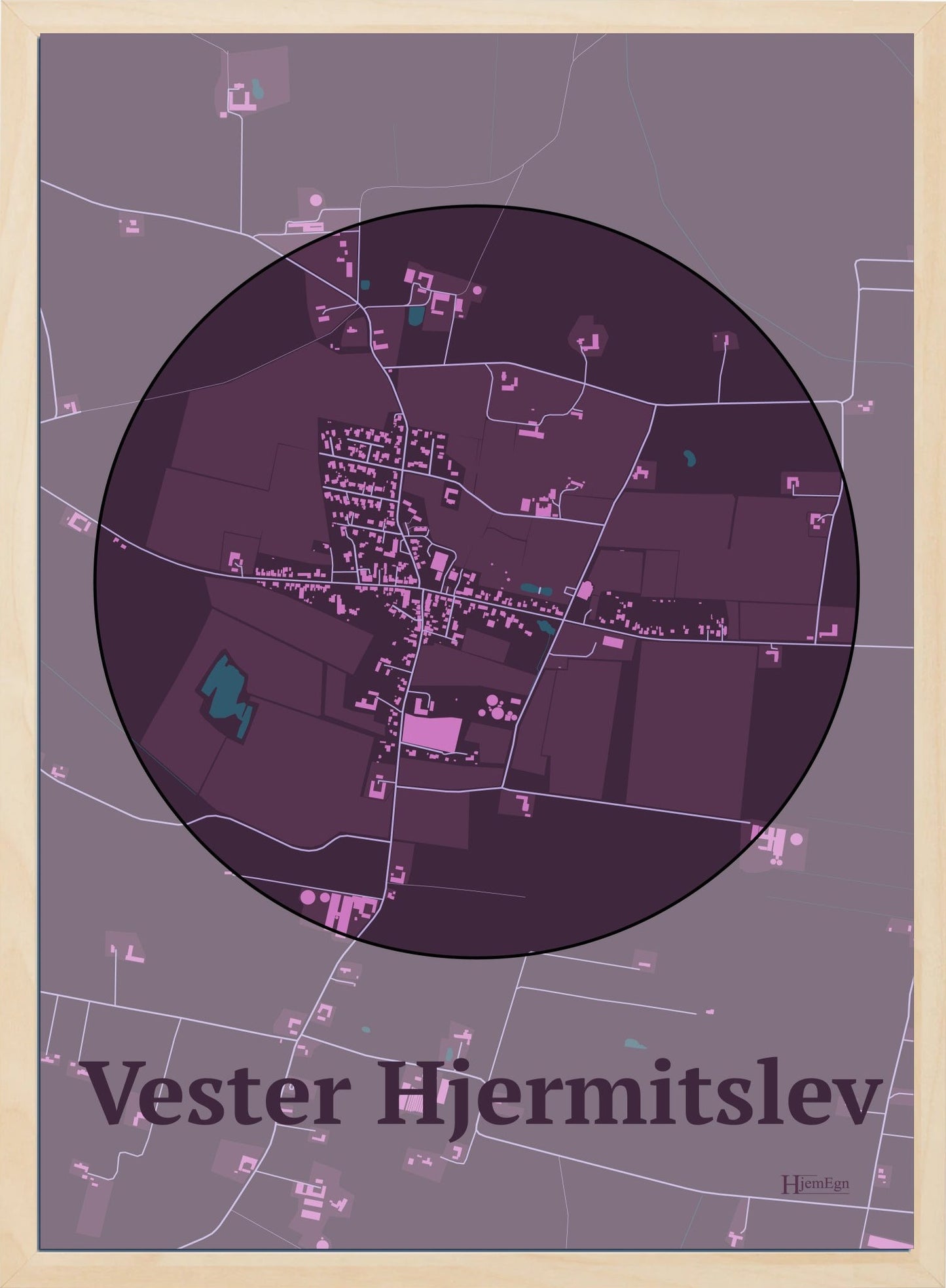 Vester Hjermitslev plakat i farve mørk rød og HjemEgn.dk design centrum. Design bykort for Vester Hjermitslev