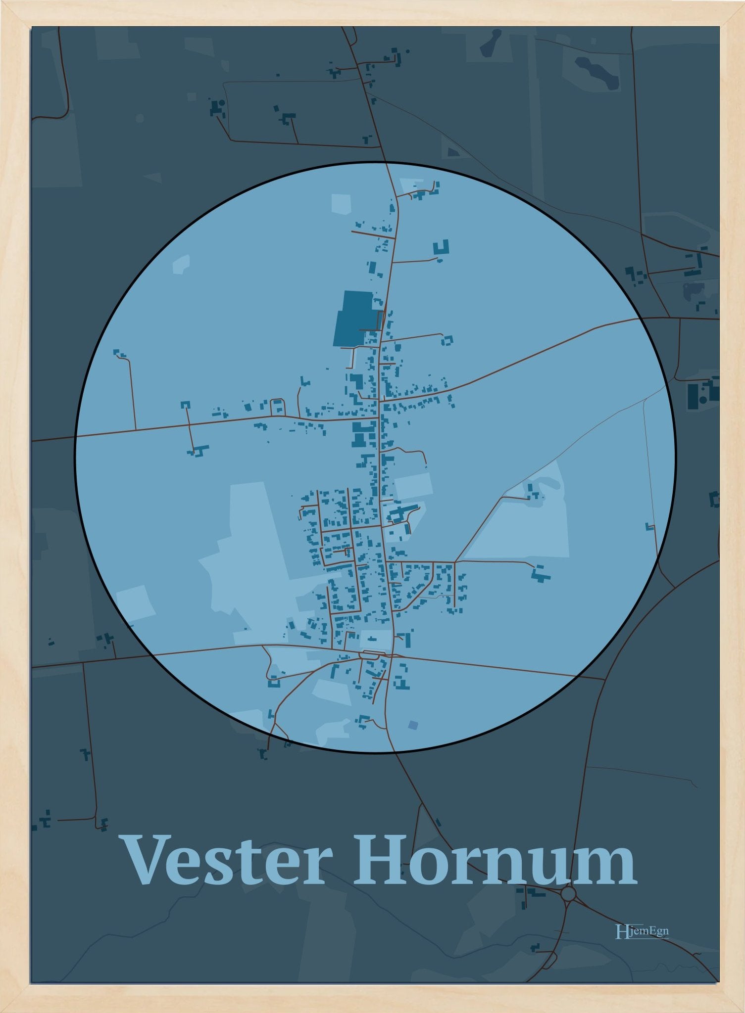 Vester Hornum plakat i farve pastel blå og HjemEgn.dk design centrum. Design bykort for Vester Hornum
