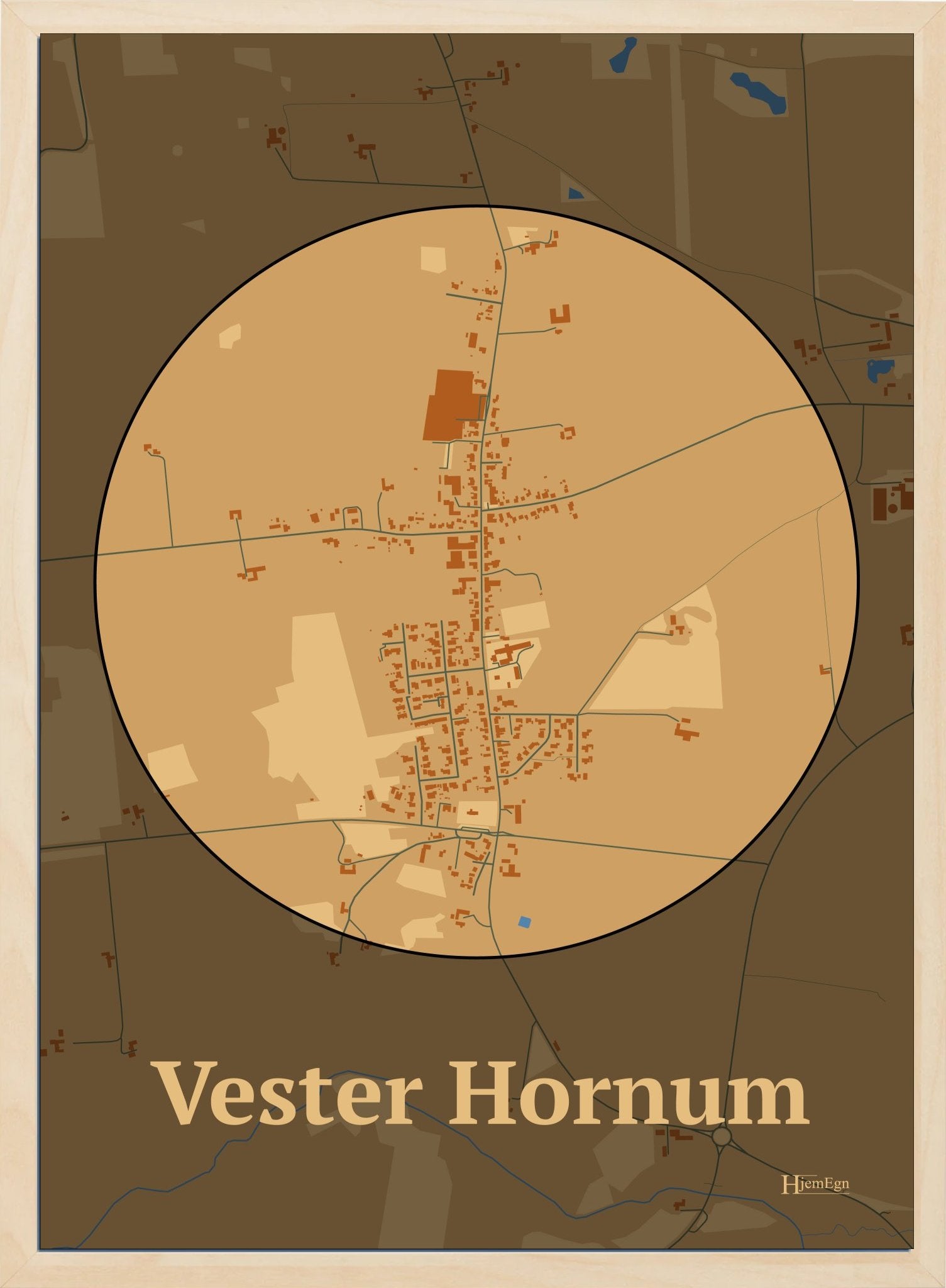 Vester Hornum plakat i farve pastel brun og HjemEgn.dk design centrum. Design bykort for Vester Hornum