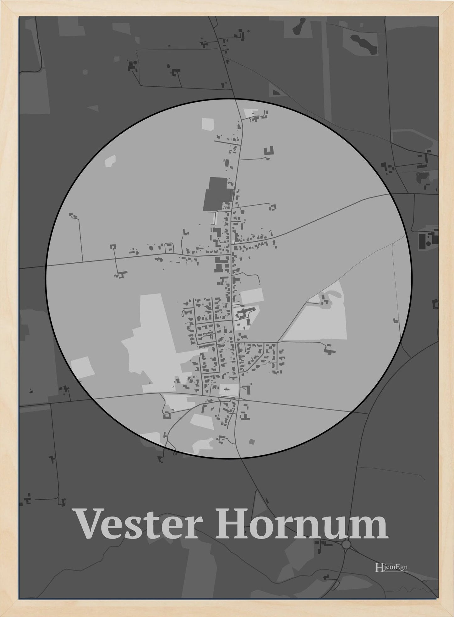 Vester Hornum plakat i farve pastel grå og HjemEgn.dk design centrum. Design bykort for Vester Hornum