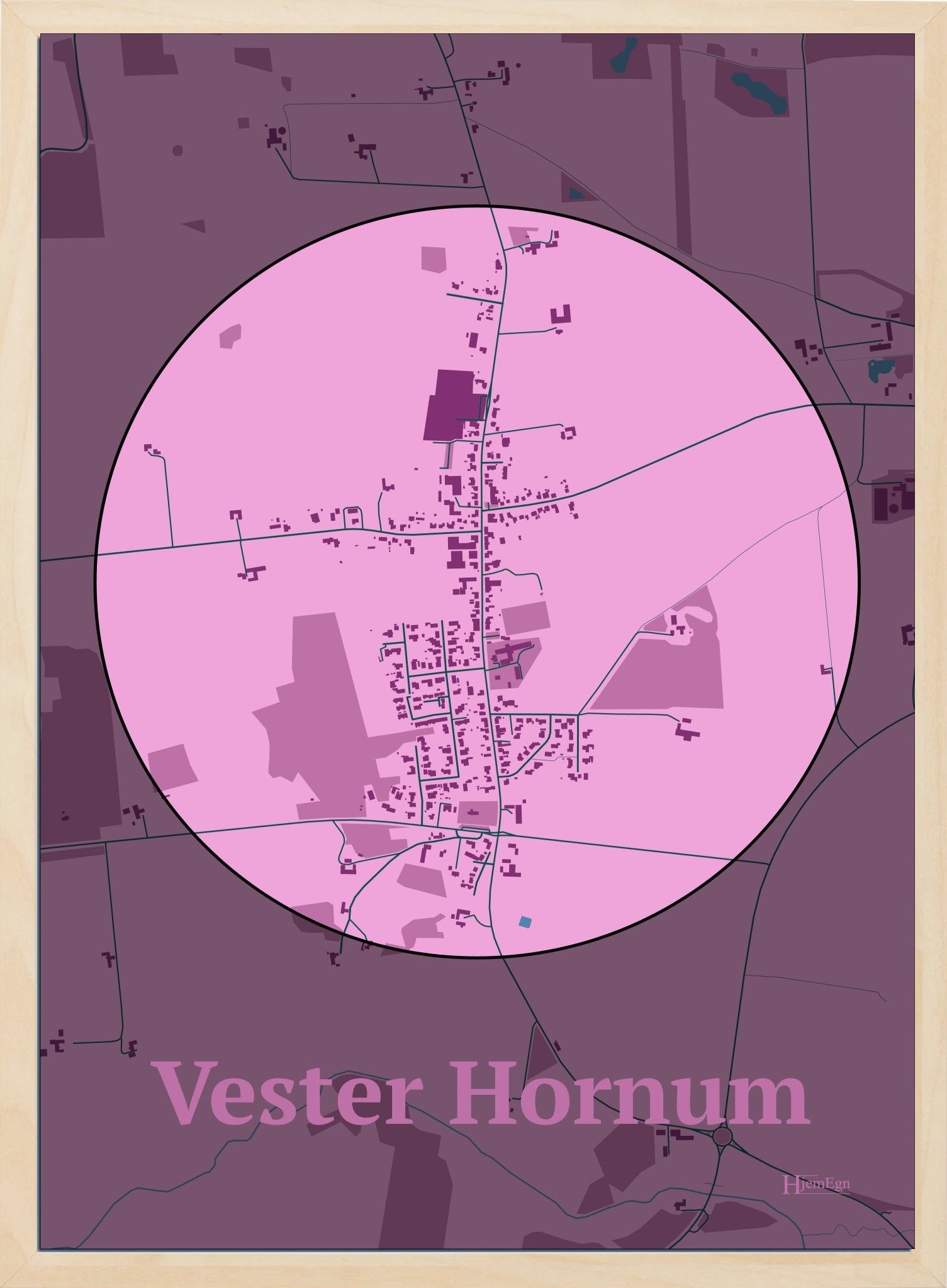 Vester Hornum plakat i farve pastel rød og HjemEgn.dk design centrum. Design bykort for Vester Hornum