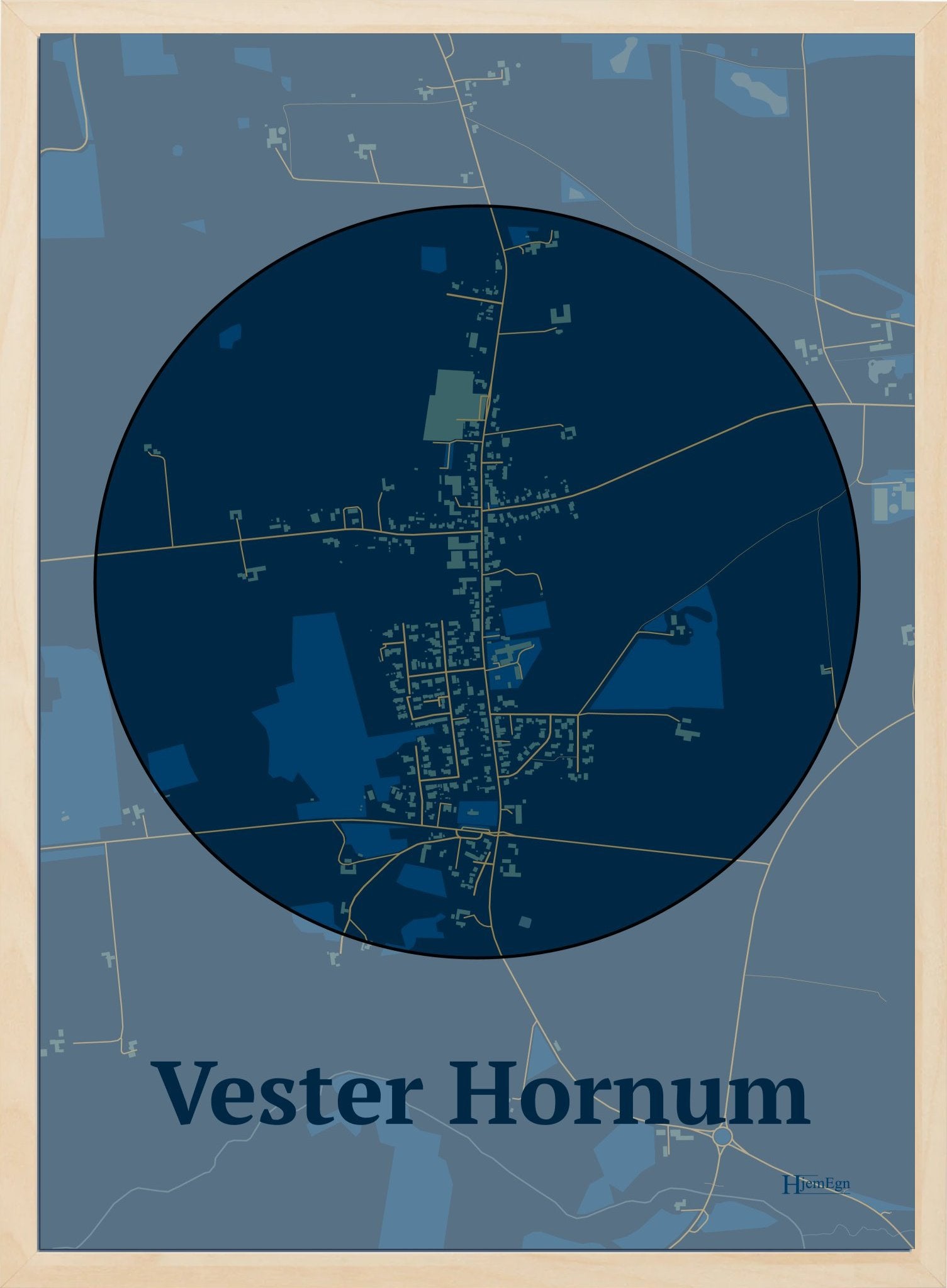 Vester Hornum plakat i farve mørk blå og HjemEgn.dk design centrum. Design bykort for Vester Hornum