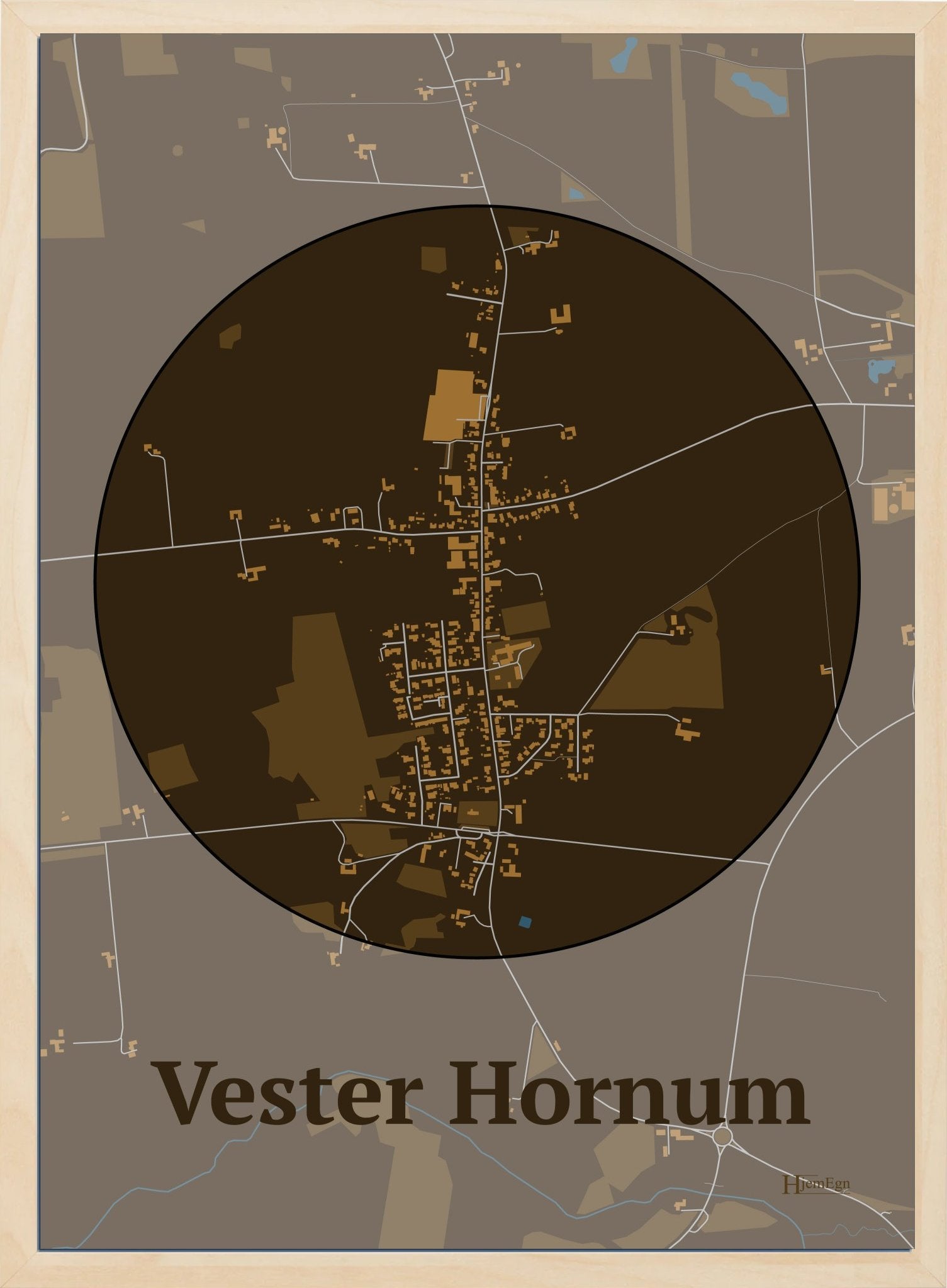 Vester Hornum plakat i farve mørk brun og HjemEgn.dk design centrum. Design bykort for Vester Hornum