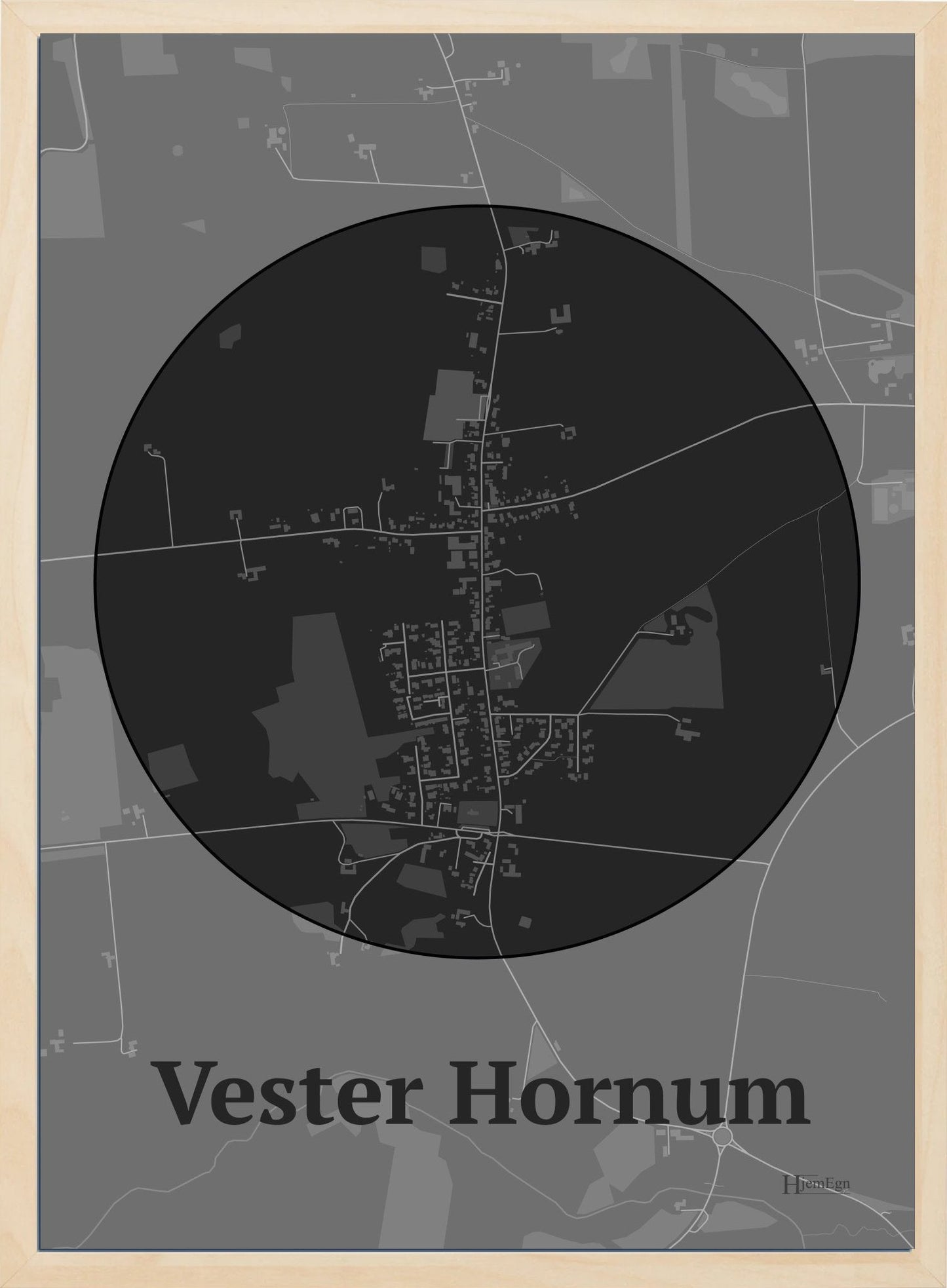 Vester Hornum plakat i farve mørk grå og HjemEgn.dk design centrum. Design bykort for Vester Hornum