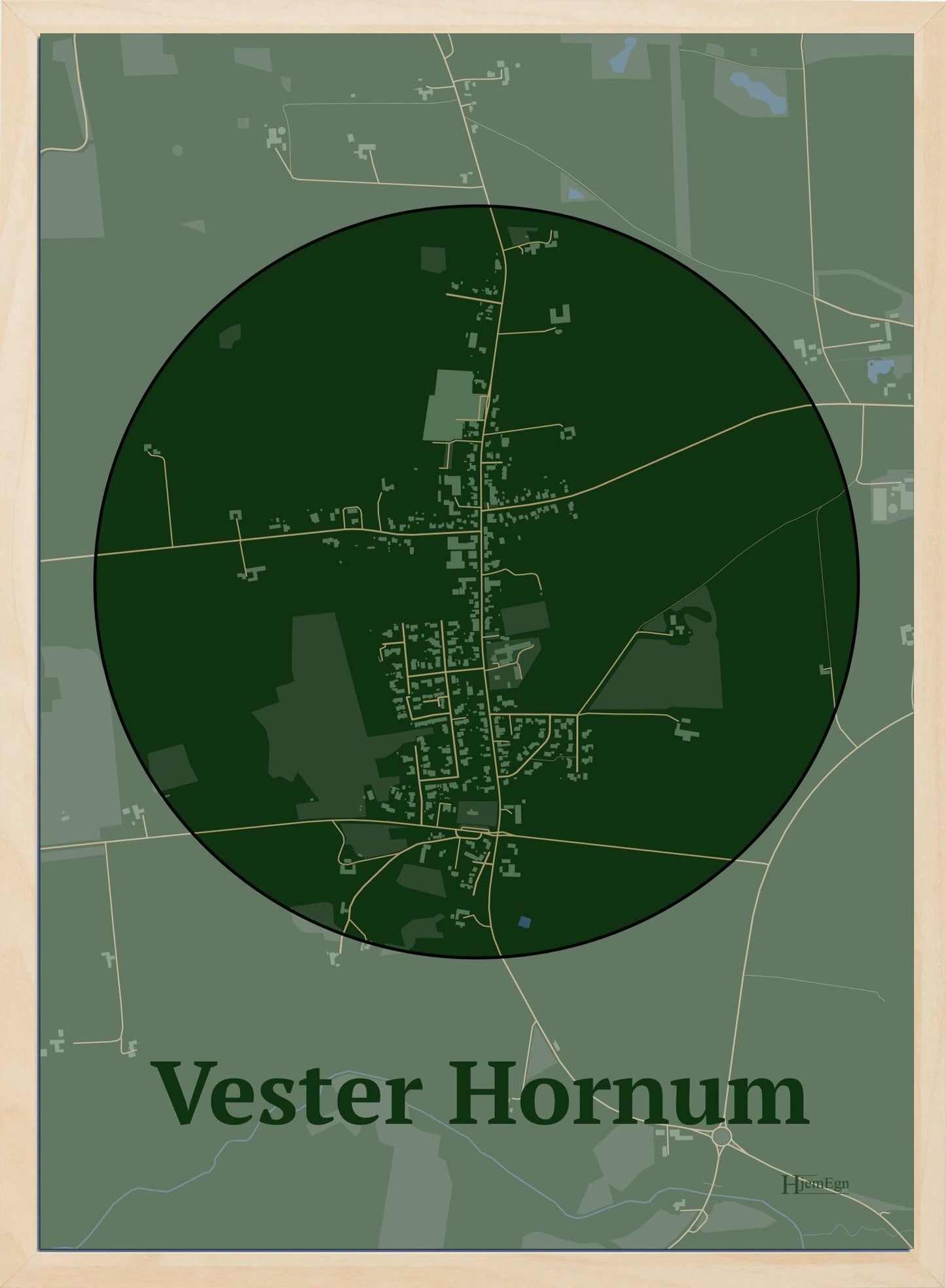 Vester Hornum plakat i farve mørk grøn og HjemEgn.dk design centrum. Design bykort for Vester Hornum