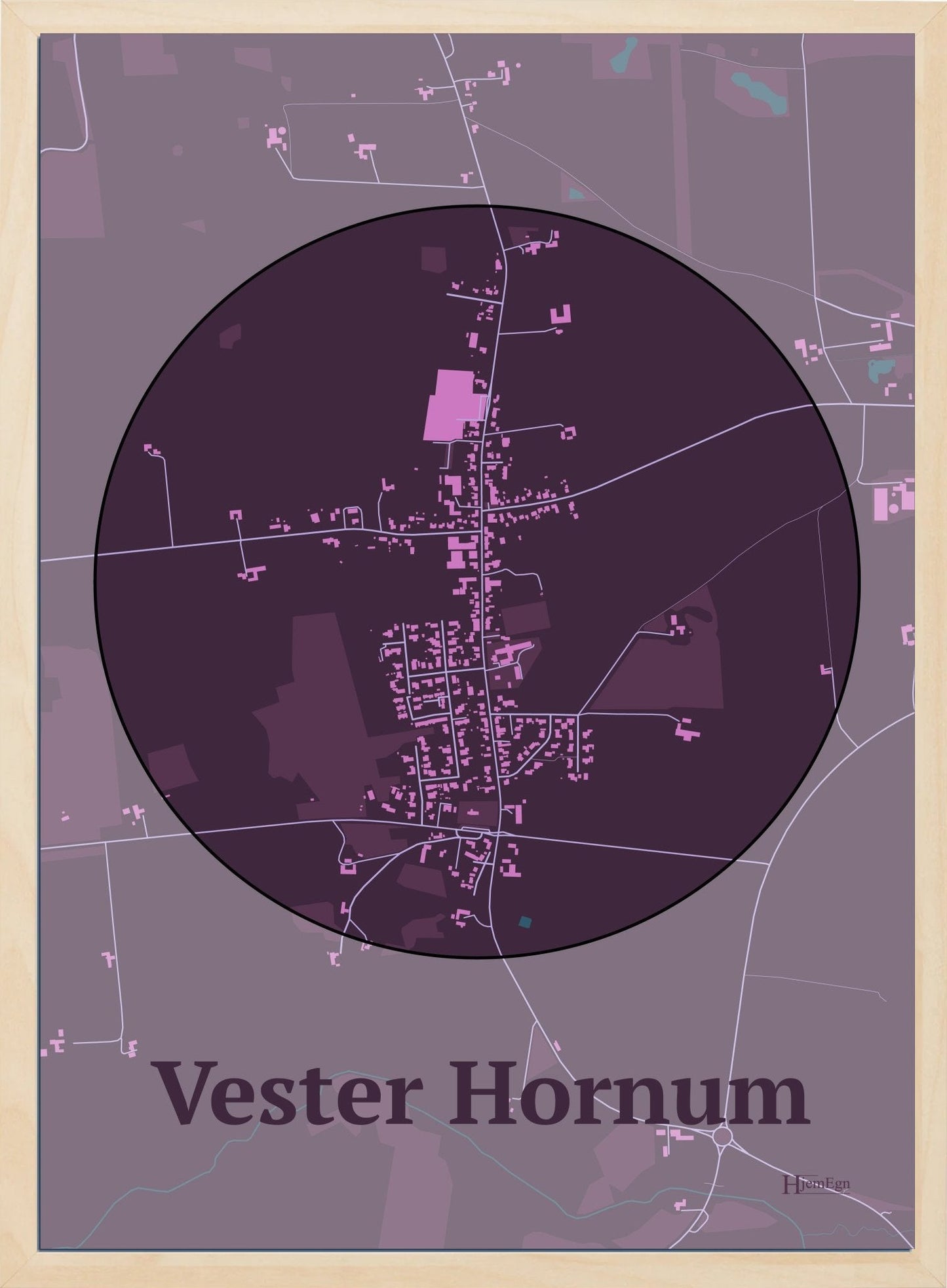Vester Hornum plakat i farve mørk rød og HjemEgn.dk design centrum. Design bykort for Vester Hornum