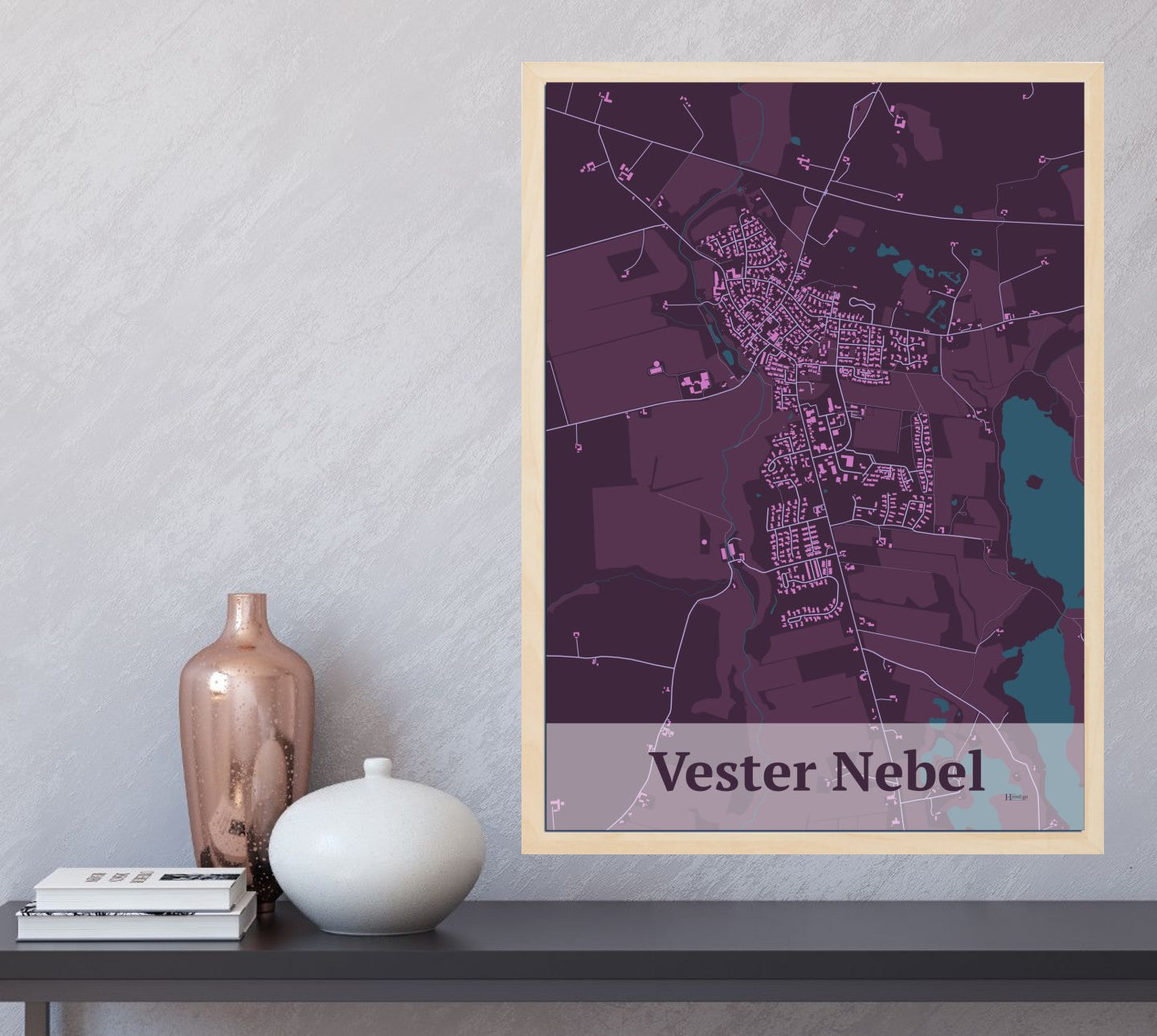 Vester Nebel plakat i farve  og HjemEgn.dk design firkantet. Design bykort for Vester Nebel