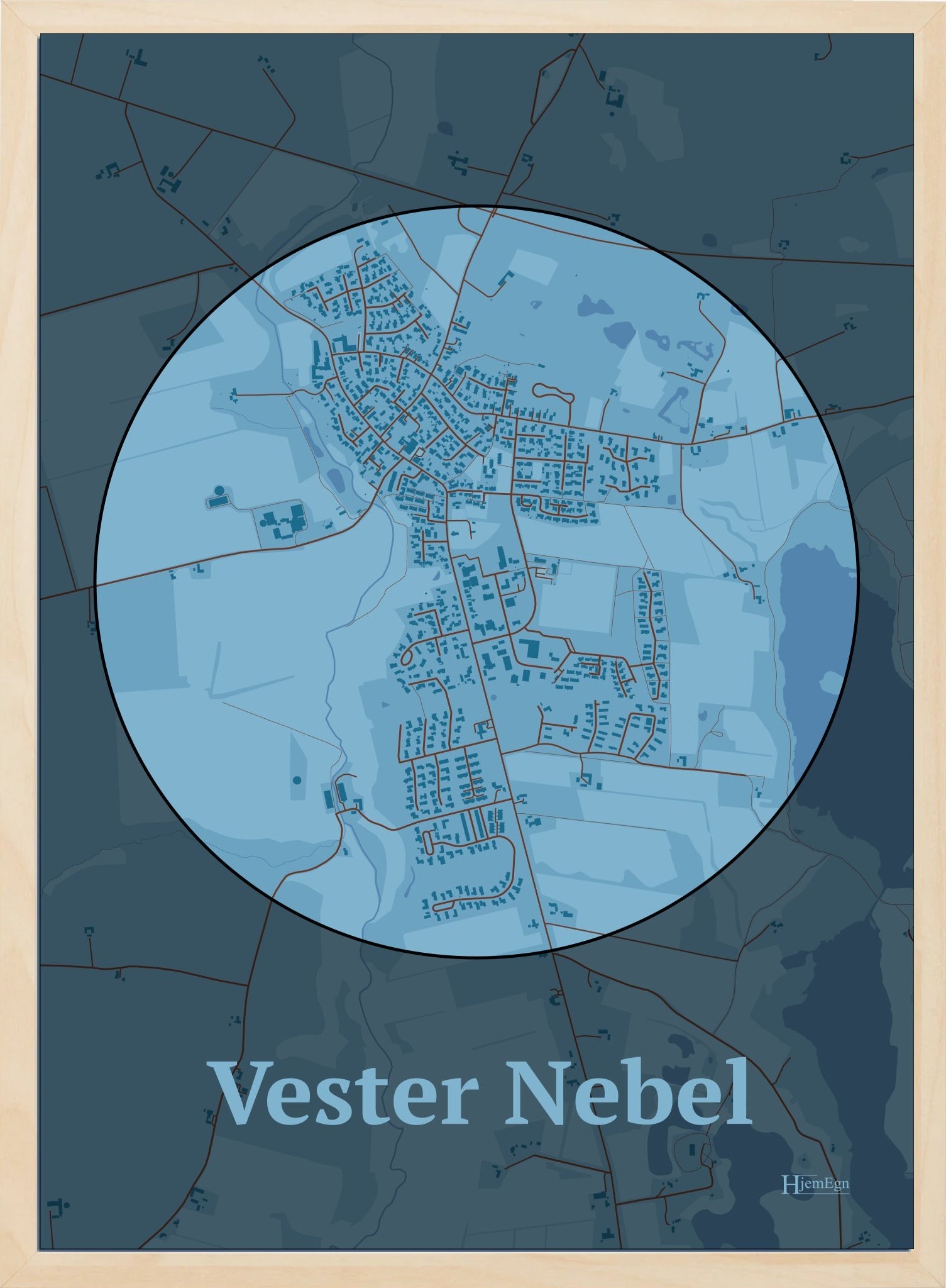 Vester Nebel plakat i farve pastel blå og HjemEgn.dk design centrum. Design bykort for Vester Nebel