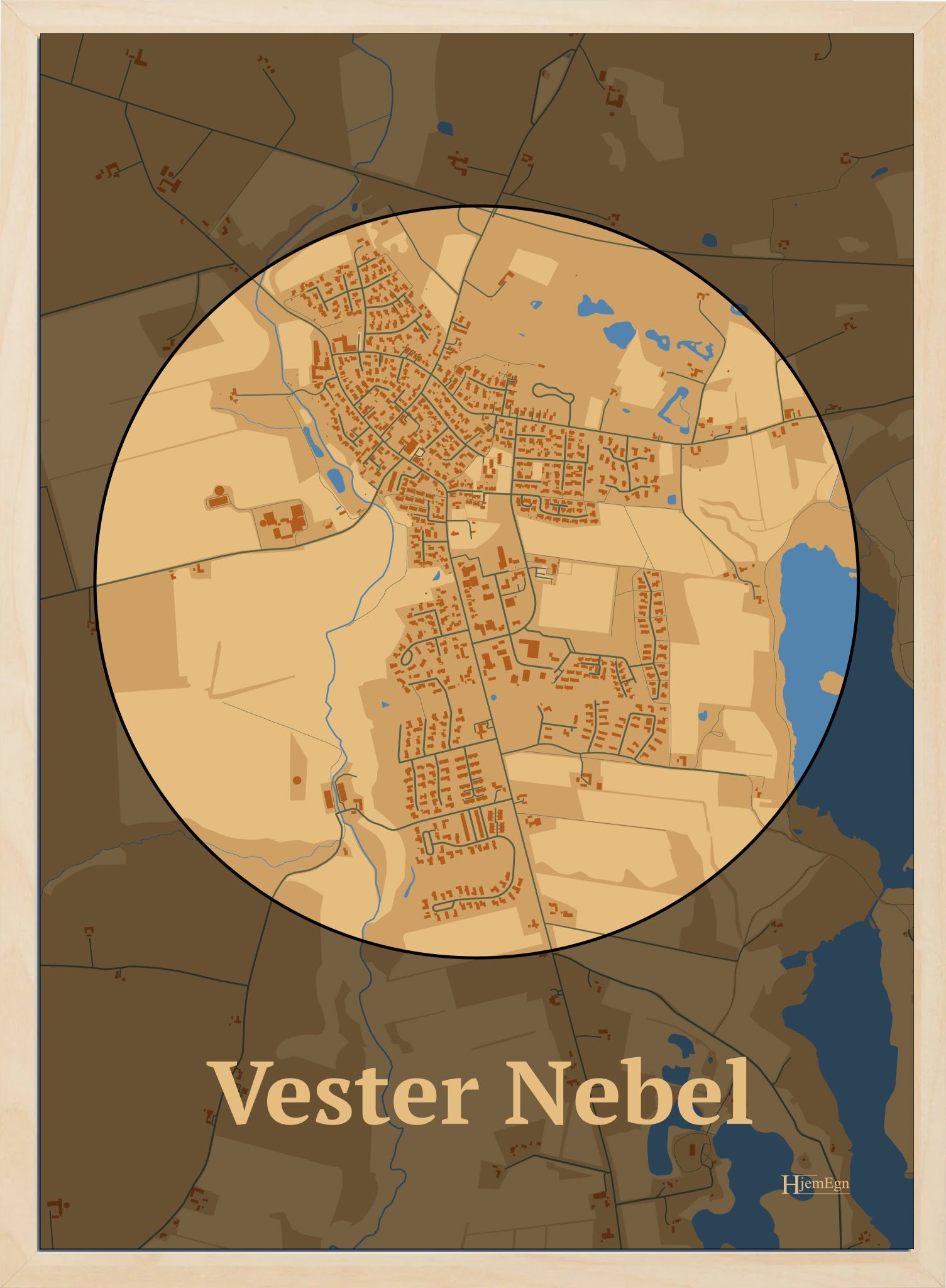 Vester Nebel plakat i farve pastel brun og HjemEgn.dk design centrum. Design bykort for Vester Nebel