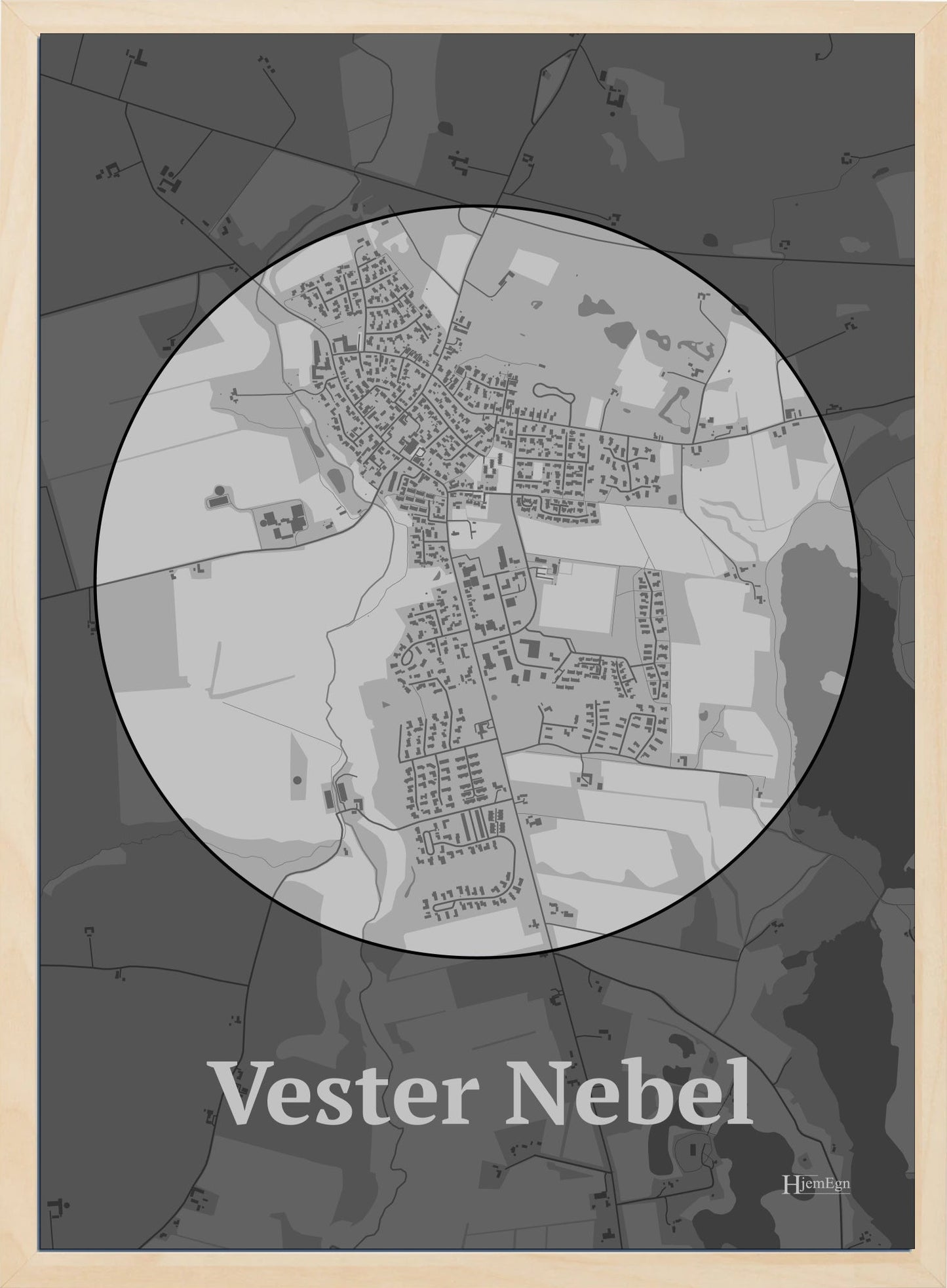 Vester Nebel plakat i farve pastel grå og HjemEgn.dk design centrum. Design bykort for Vester Nebel