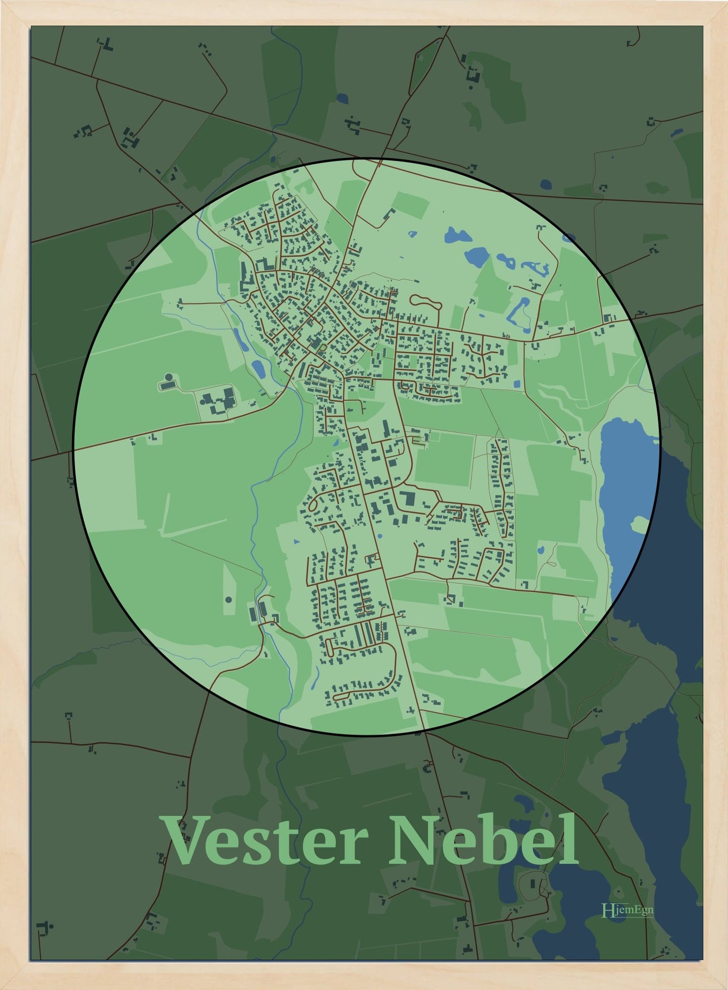 Vester Nebel plakat i farve pastel grøn og HjemEgn.dk design centrum. Design bykort for Vester Nebel