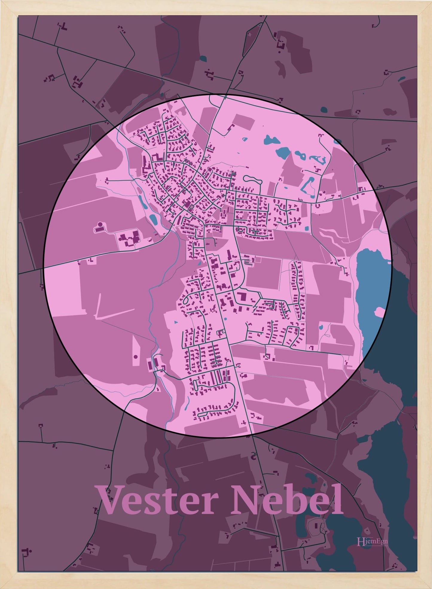Vester Nebel plakat i farve pastel rød og HjemEgn.dk design centrum. Design bykort for Vester Nebel