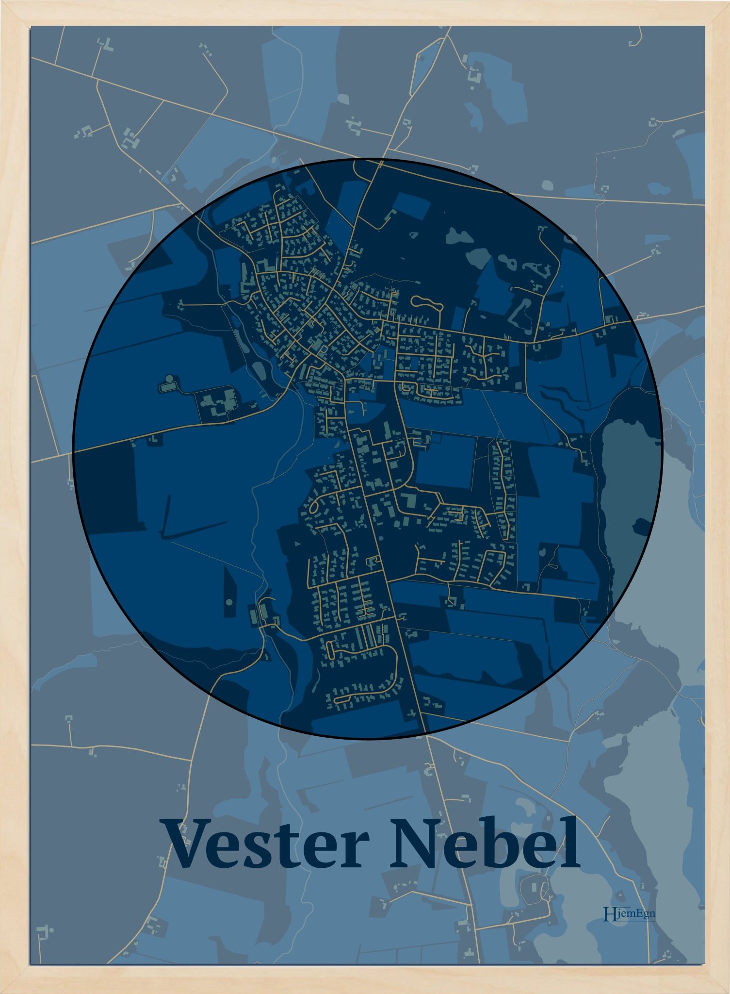 Vester Nebel plakat i farve mørk blå og HjemEgn.dk design centrum. Design bykort for Vester Nebel