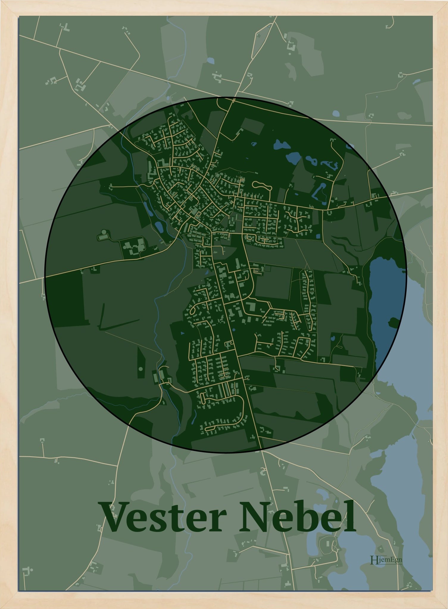 Vester Nebel plakat i farve mørk grøn og HjemEgn.dk design centrum. Design bykort for Vester Nebel