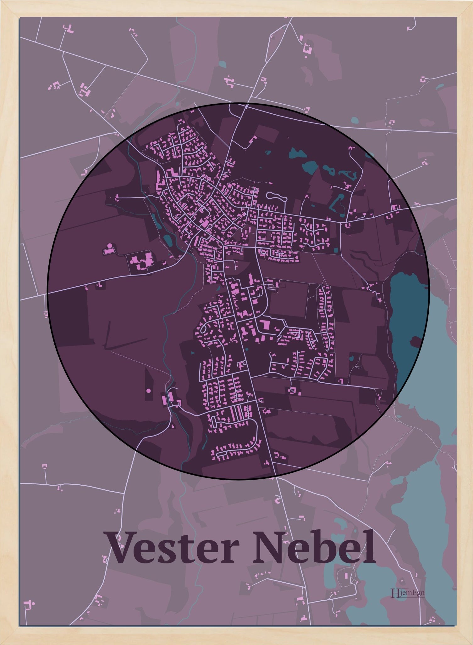 Vester Nebel plakat i farve mørk rød og HjemEgn.dk design centrum. Design bykort for Vester Nebel