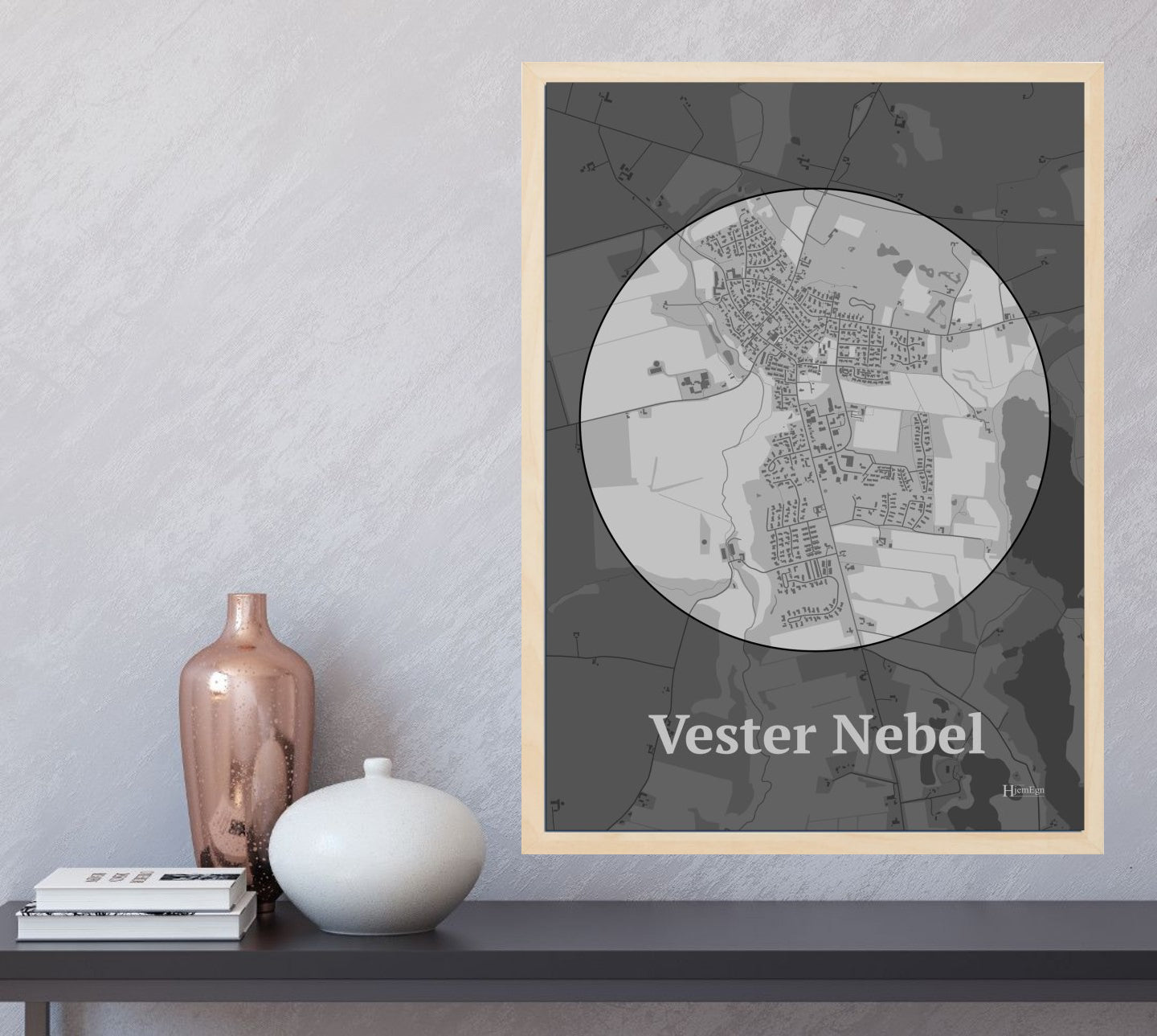 Vester Nebel plakat i farve  og HjemEgn.dk design centrum. Design bykort for Vester Nebel