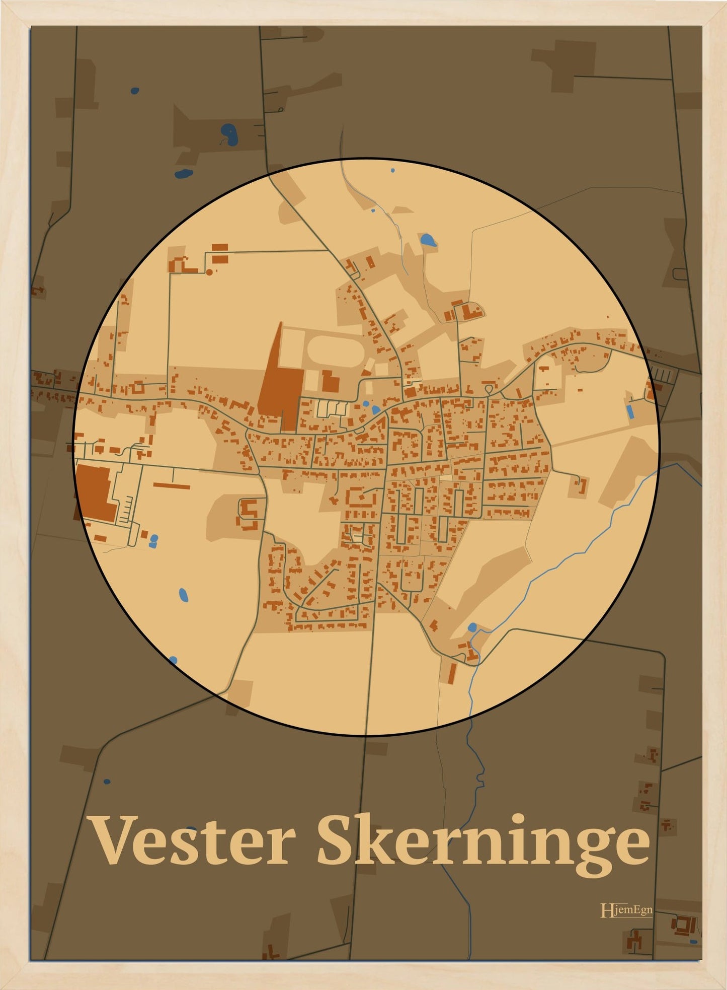 Vester Skerninge plakat i farve pastel brun og HjemEgn.dk design centrum. Design bykort for Vester Skerninge