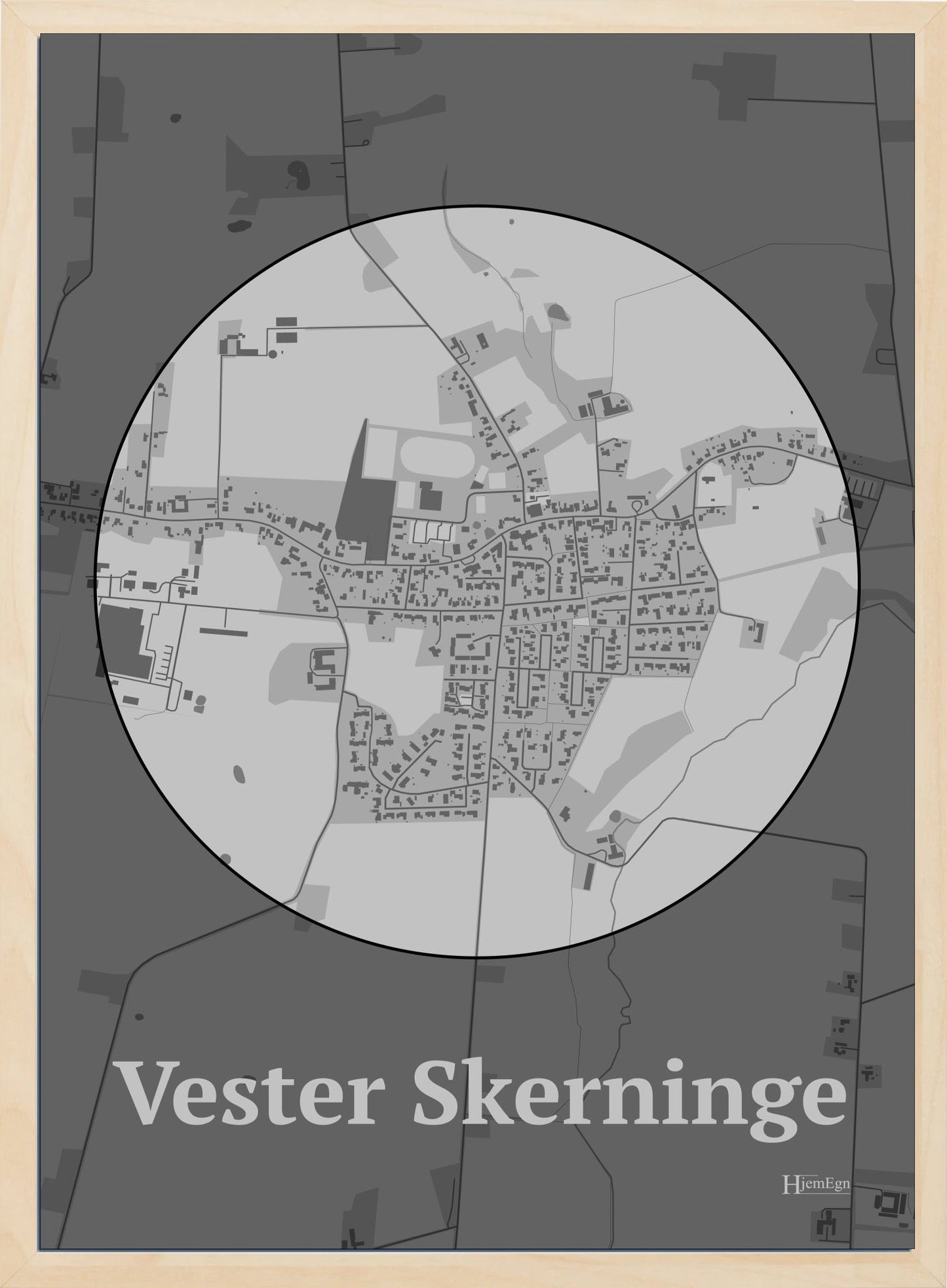 Vester Skerninge plakat i farve pastel grå og HjemEgn.dk design centrum. Design bykort for Vester Skerninge