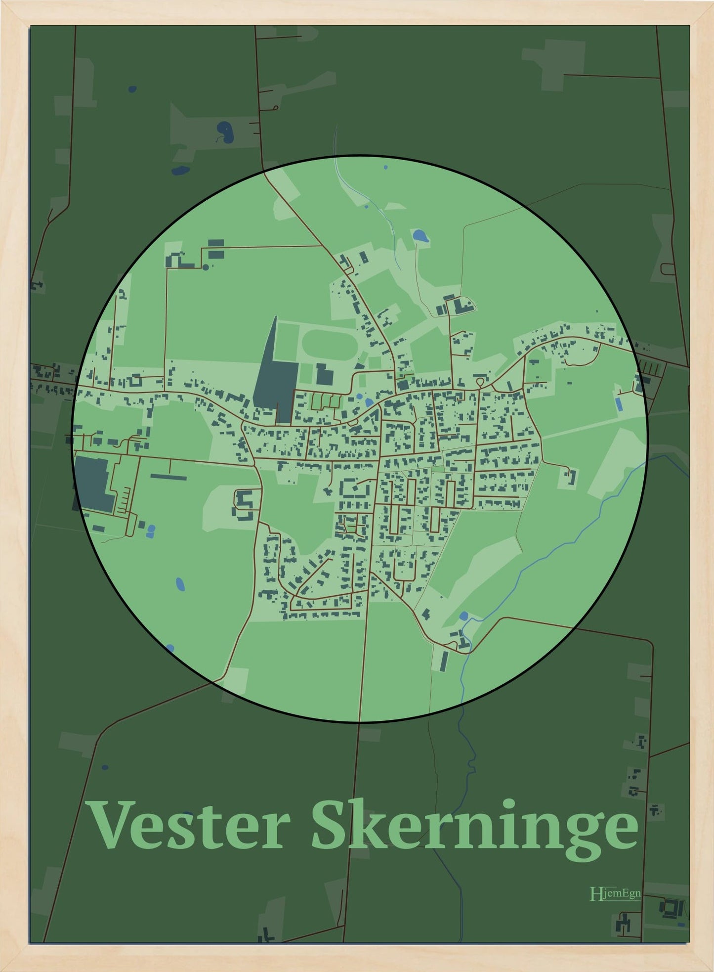 Vester Skerninge plakat i farve pastel grøn og HjemEgn.dk design centrum. Design bykort for Vester Skerninge