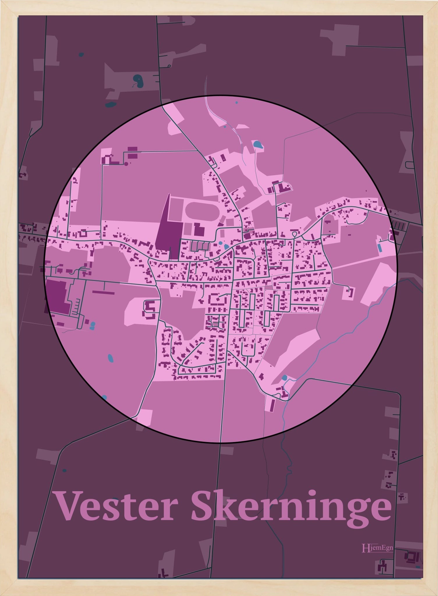 Vester Skerninge plakat i farve pastel rød og HjemEgn.dk design centrum. Design bykort for Vester Skerninge