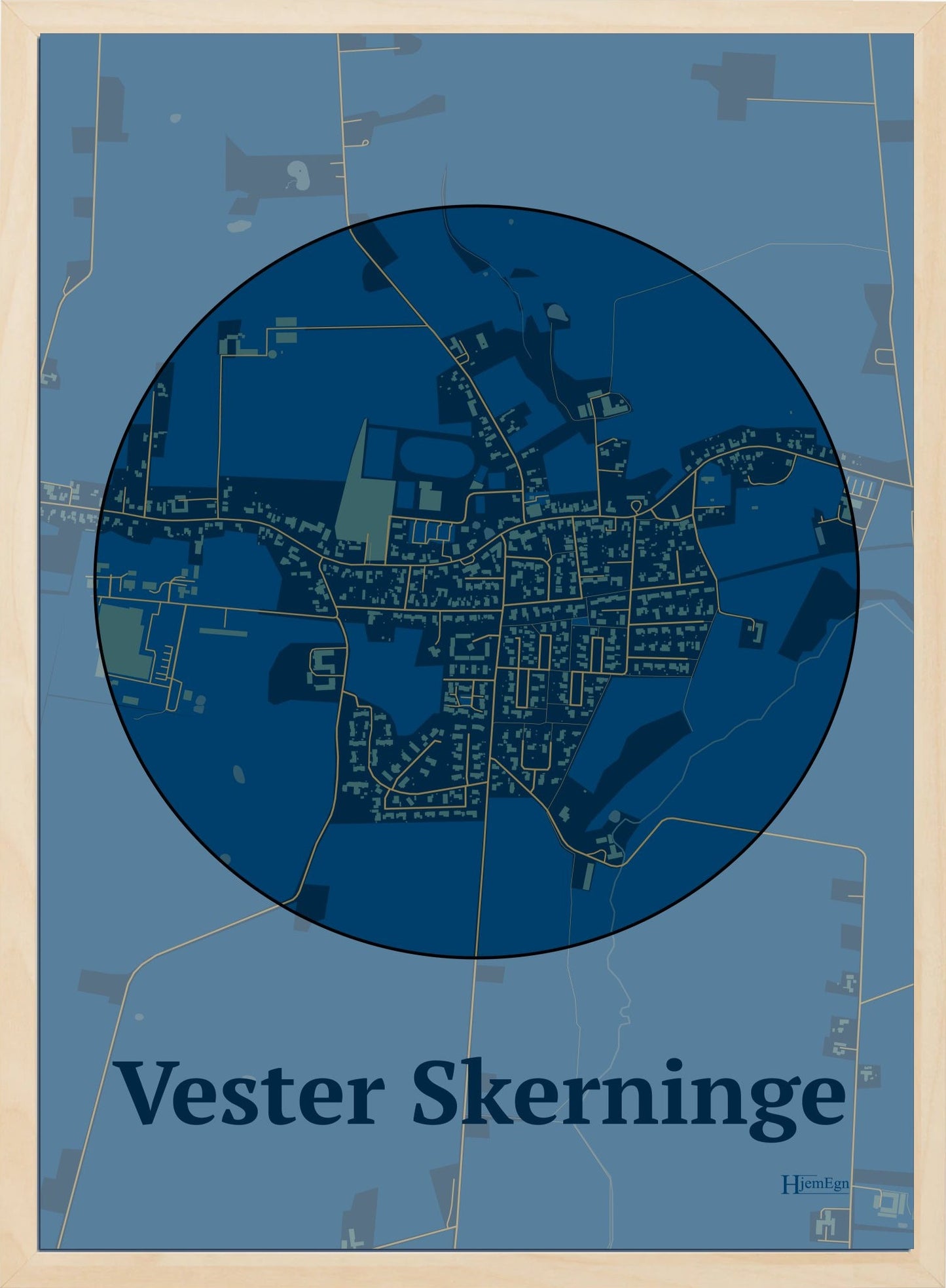Vester Skerninge plakat i farve mørk blå og HjemEgn.dk design centrum. Design bykort for Vester Skerninge
