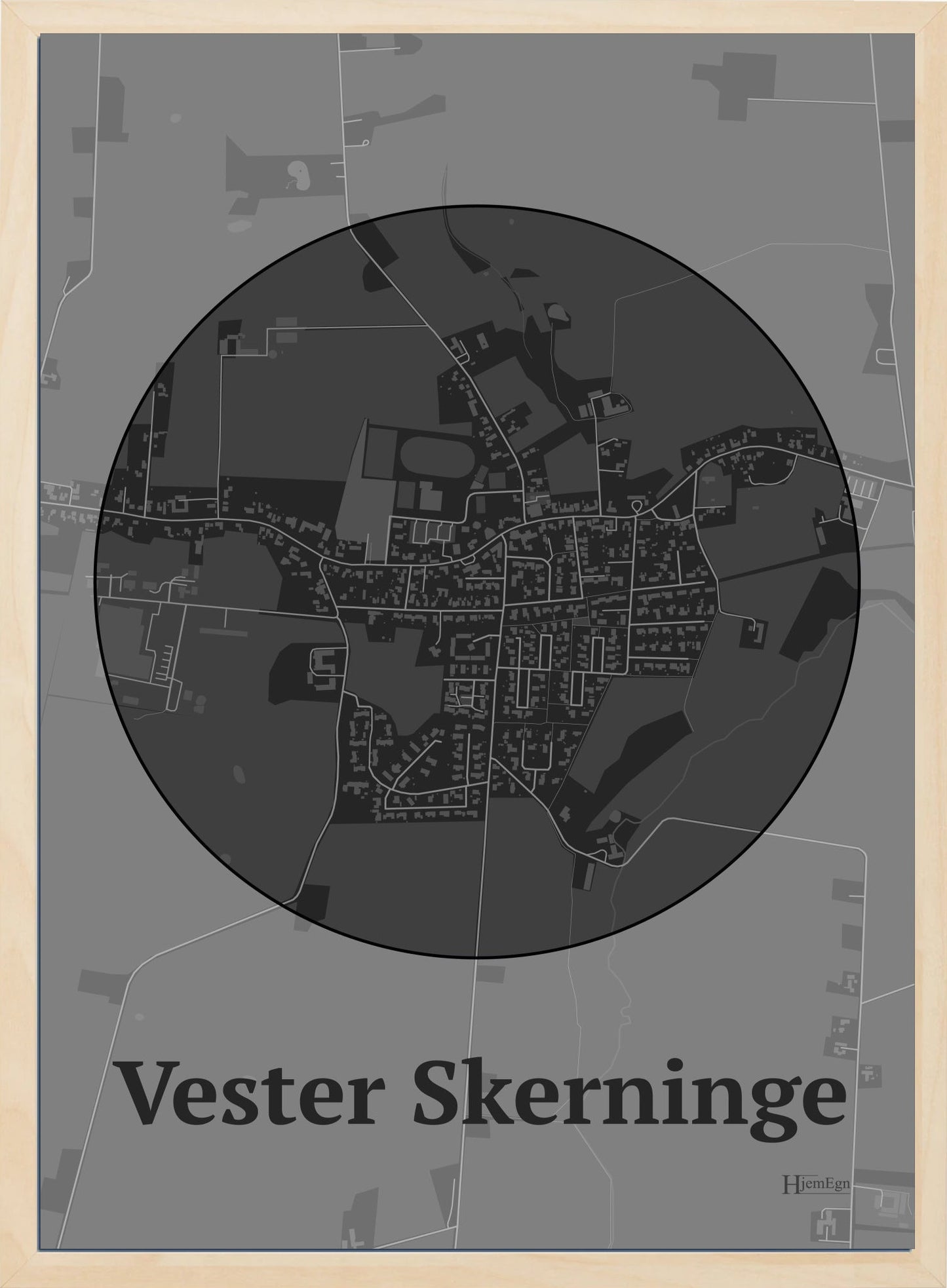 Vester Skerninge plakat i farve mørk grå og HjemEgn.dk design centrum. Design bykort for Vester Skerninge