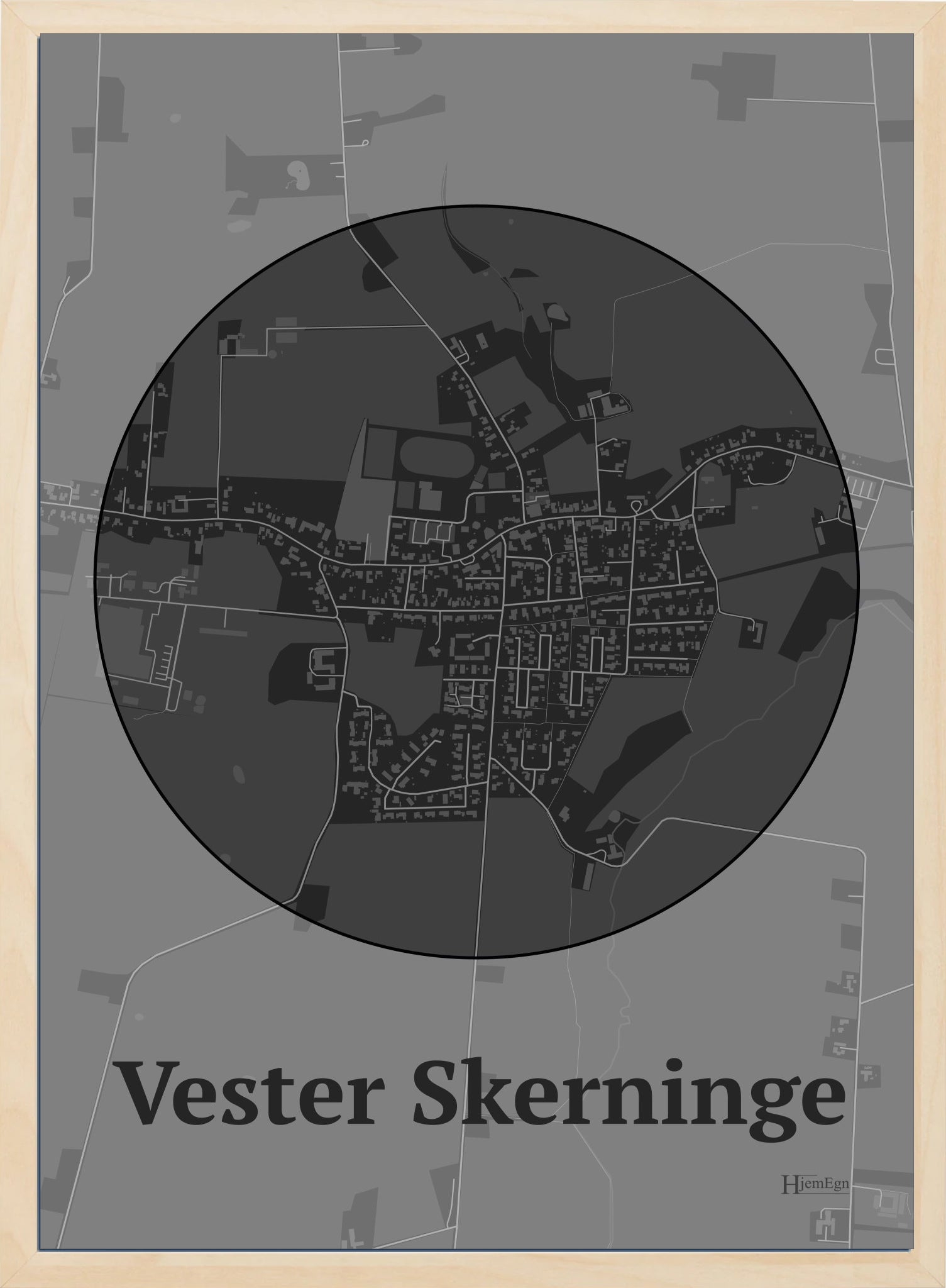 Vester Skerninge plakat i farve mørk grå og HjemEgn.dk design centrum. Design bykort for Vester Skerninge