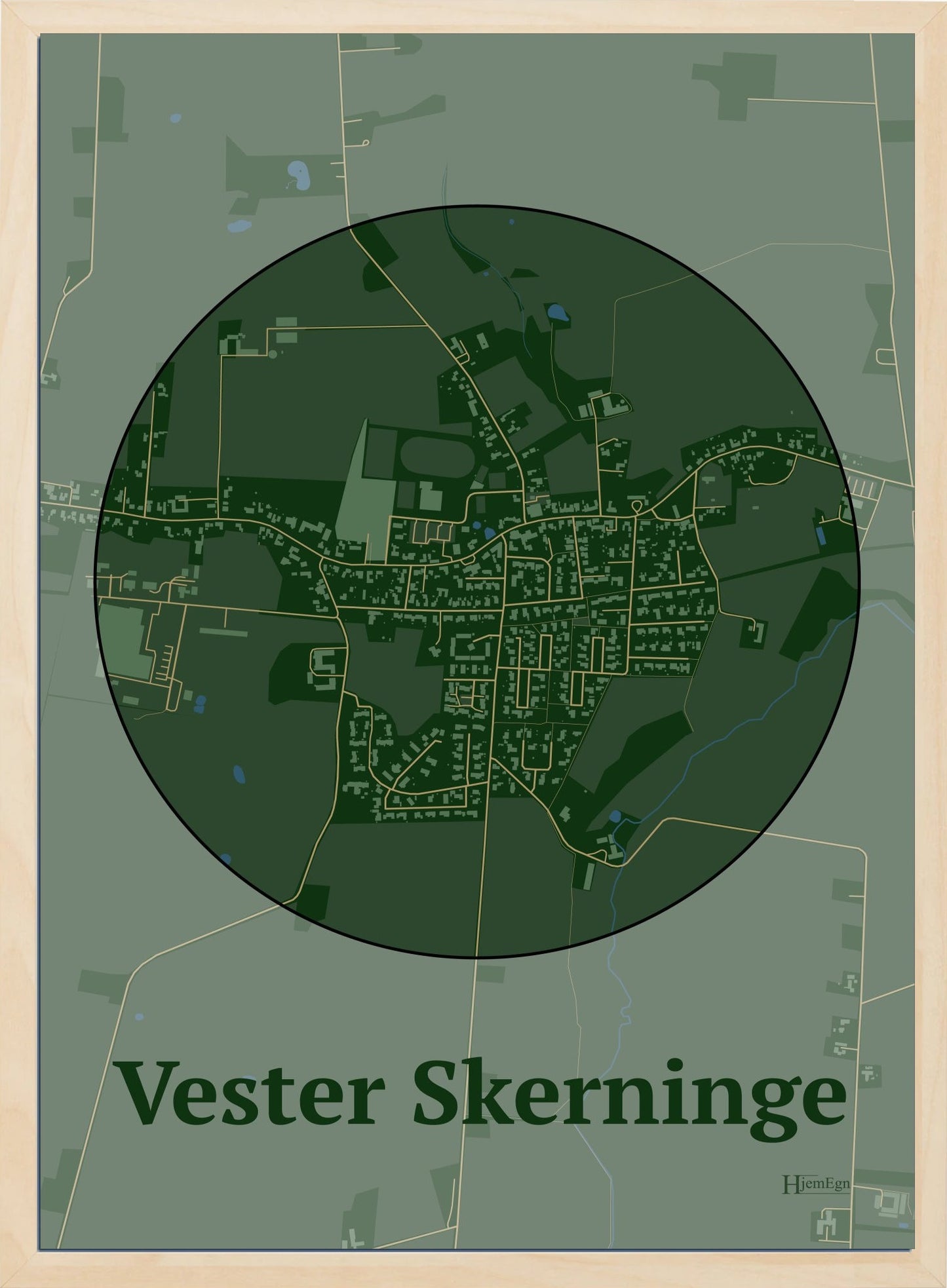 Vester Skerninge plakat i farve mørk grøn og HjemEgn.dk design centrum. Design bykort for Vester Skerninge