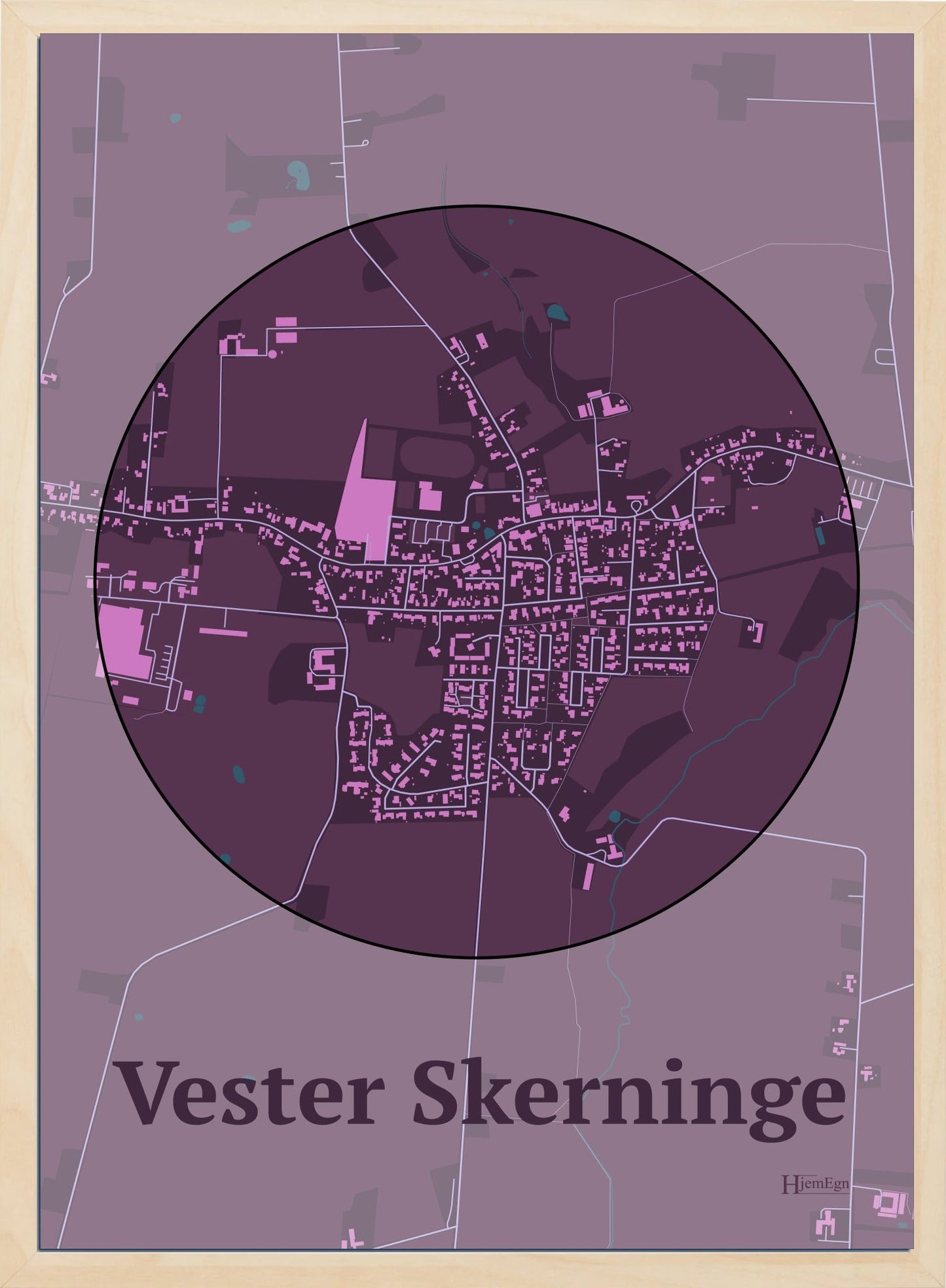 Vester Skerninge plakat i farve mørk rød og HjemEgn.dk design centrum. Design bykort for Vester Skerninge