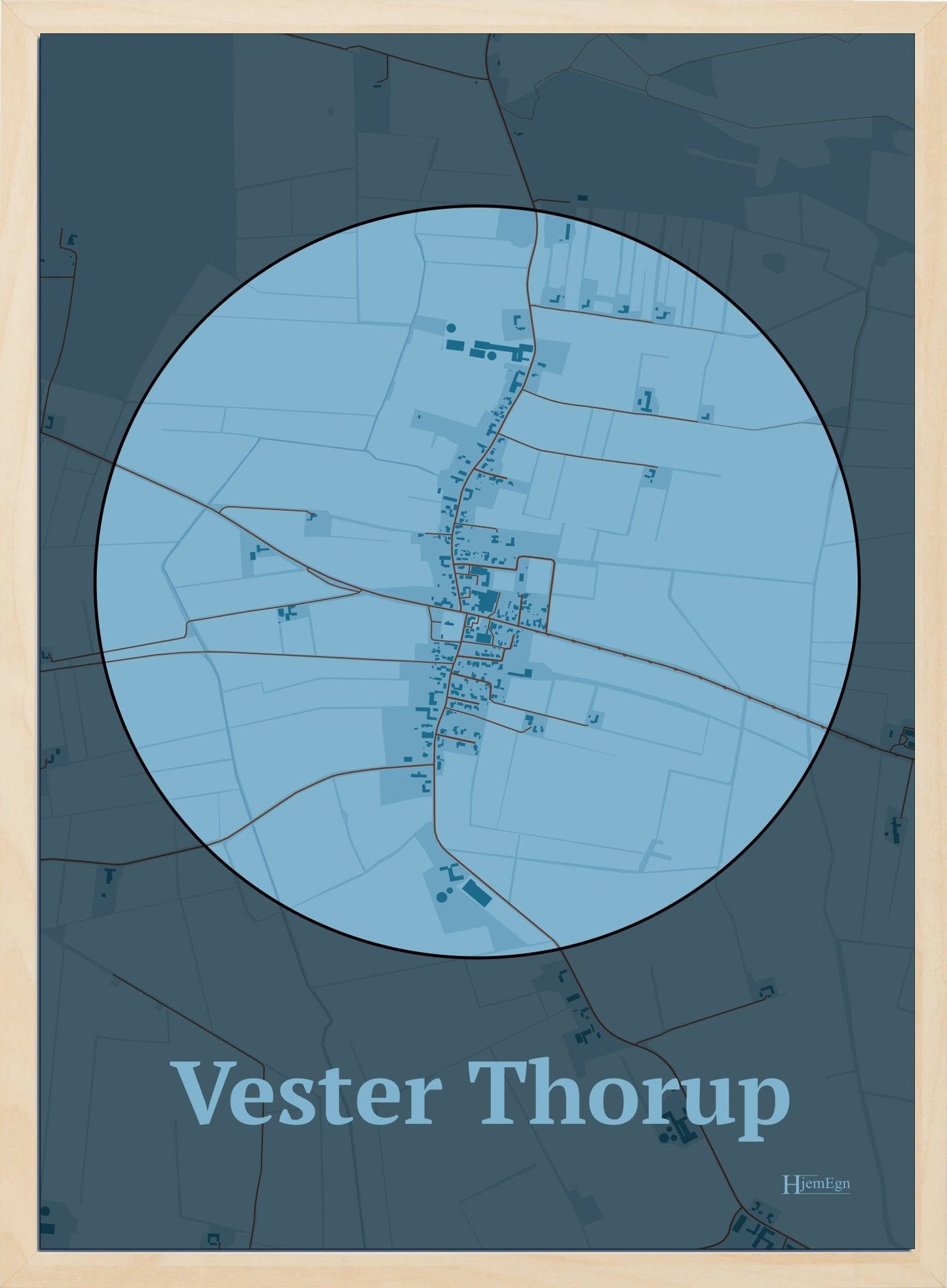 Vester Thorup plakat i farve pastel blå og HjemEgn.dk design centrum. Design bykort for Vester Thorup