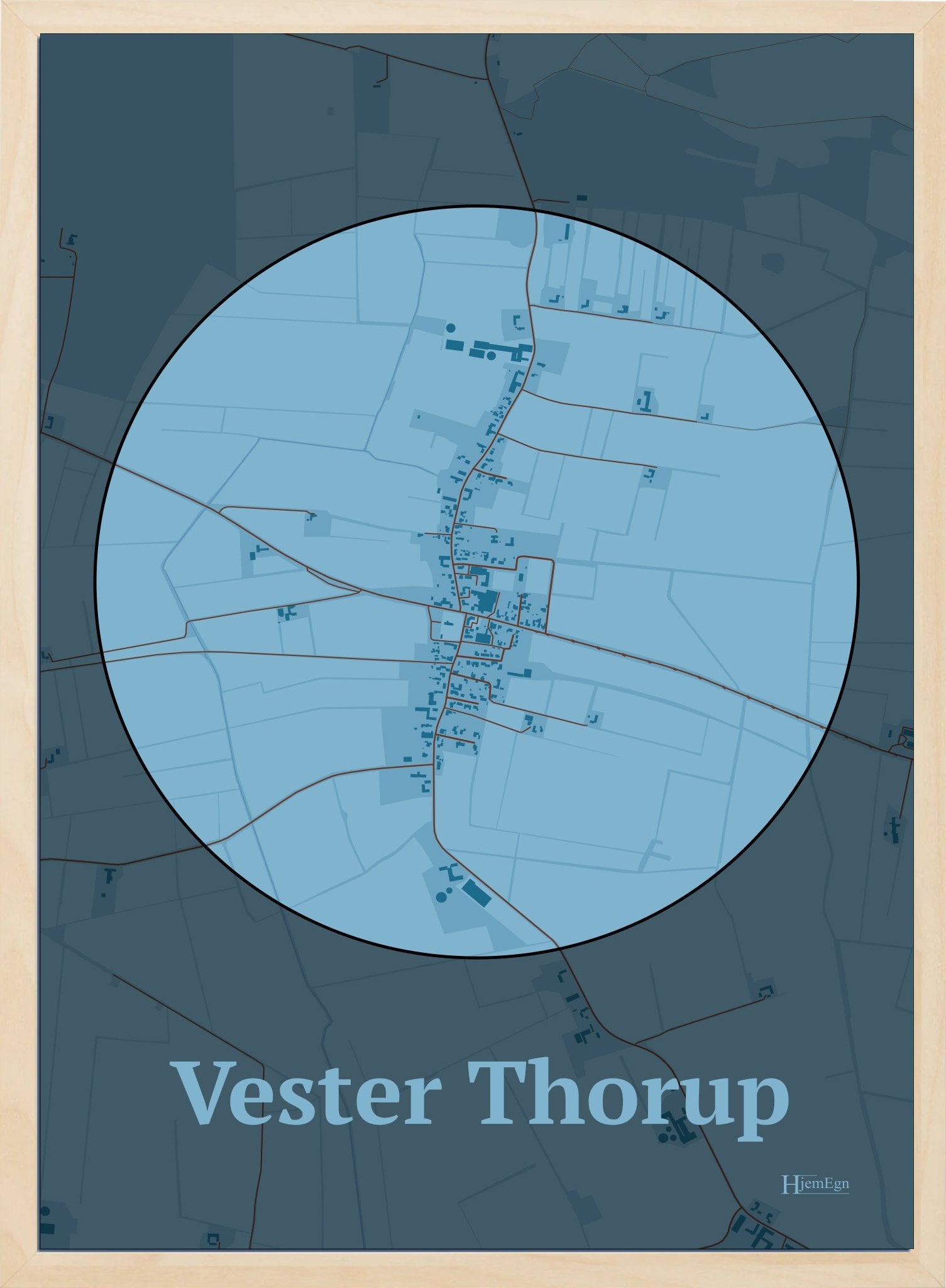 Vester Thorup plakat i farve pastel blå og HjemEgn.dk design centrum. Design bykort for Vester Thorup