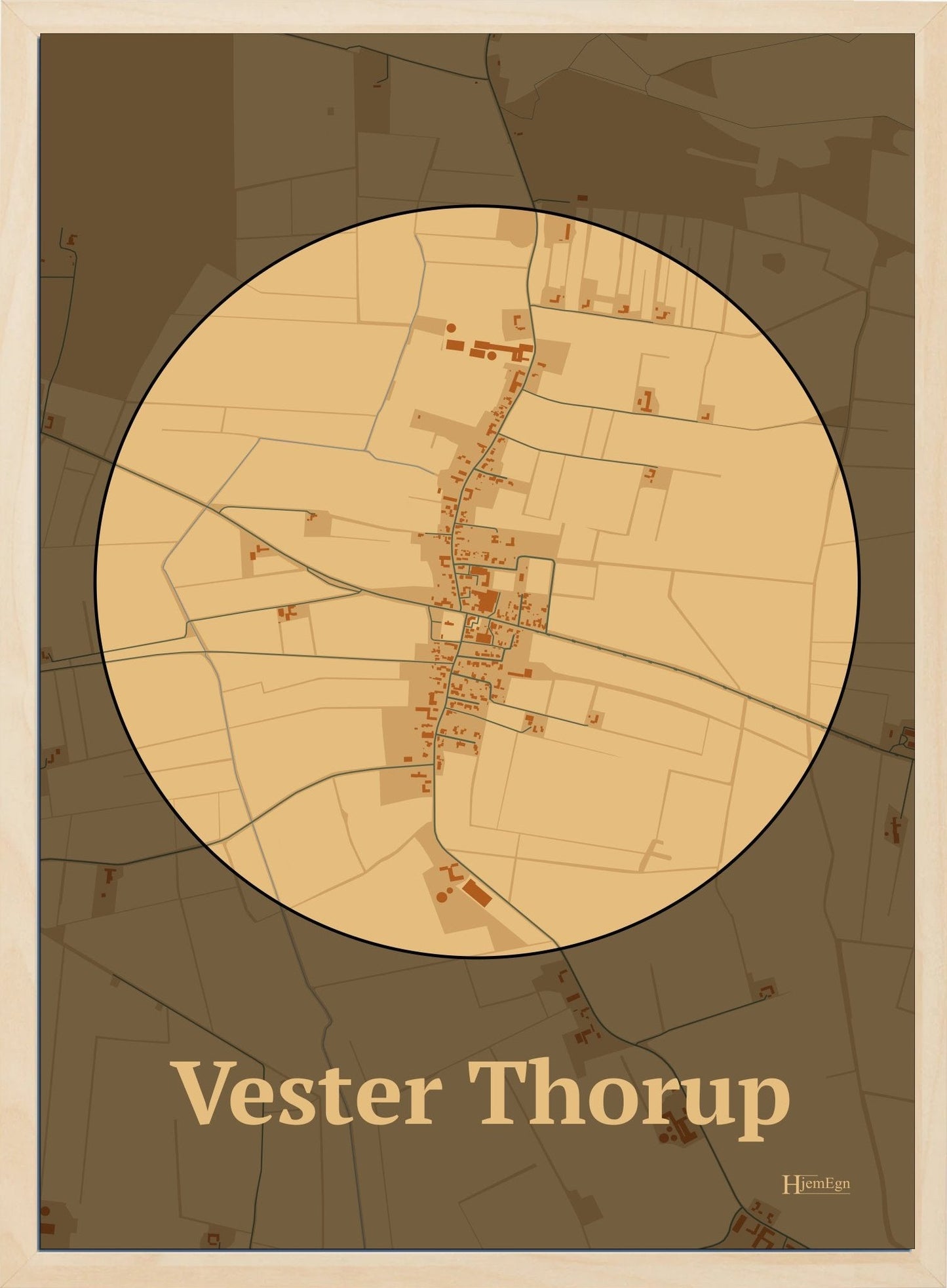Vester Thorup plakat i farve pastel brun og HjemEgn.dk design centrum. Design bykort for Vester Thorup