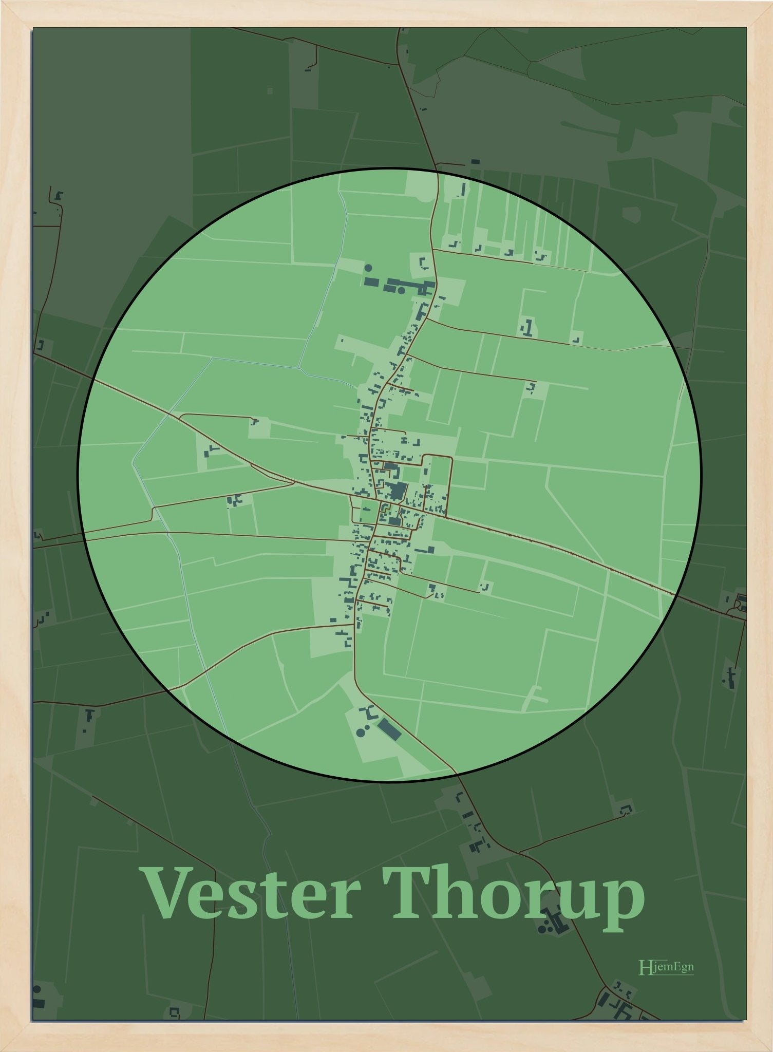 Vester Thorup plakat i farve pastel grøn og HjemEgn.dk design centrum. Design bykort for Vester Thorup