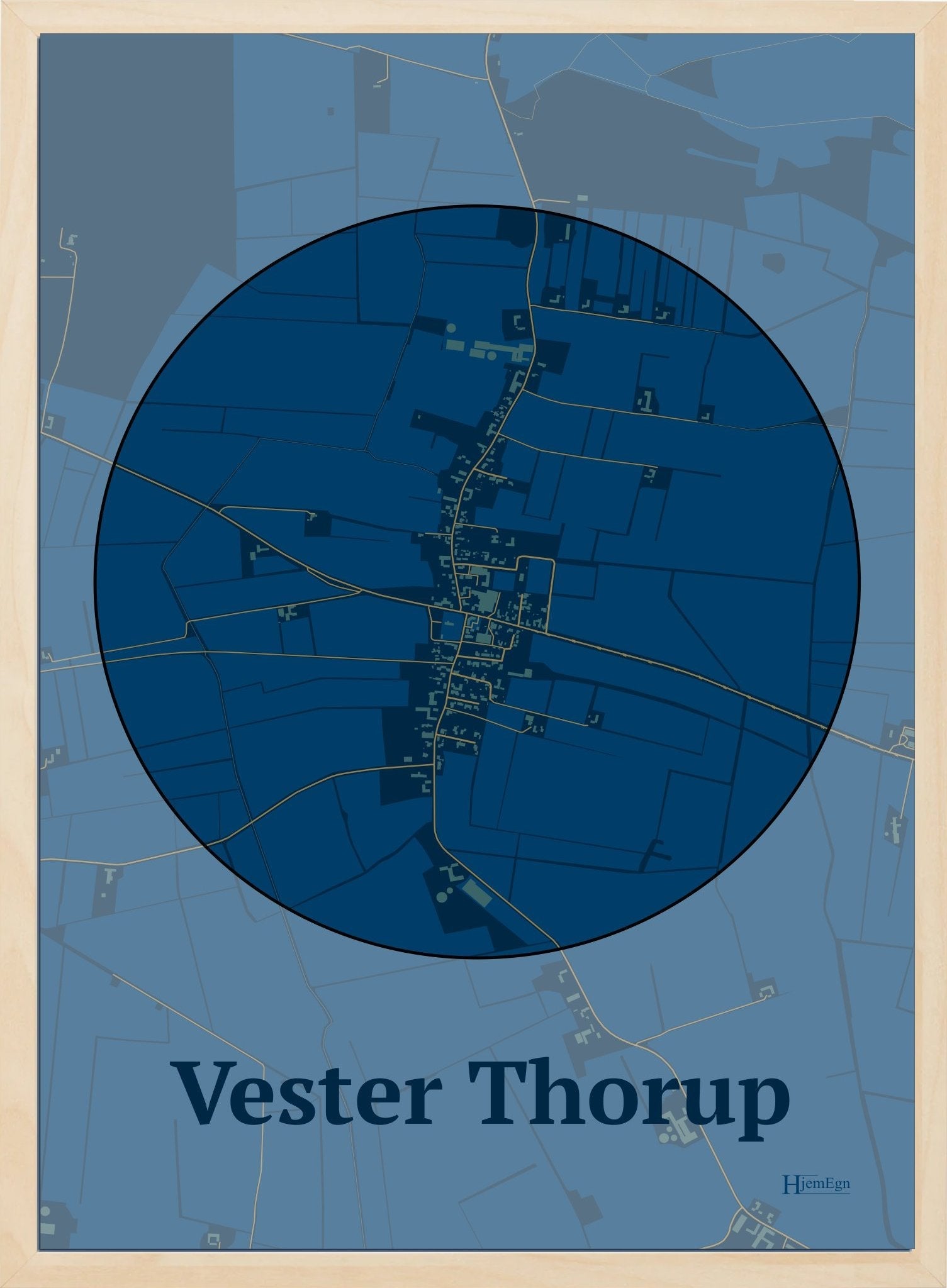 Vester Thorup plakat i farve mørk blå og HjemEgn.dk design centrum. Design bykort for Vester Thorup