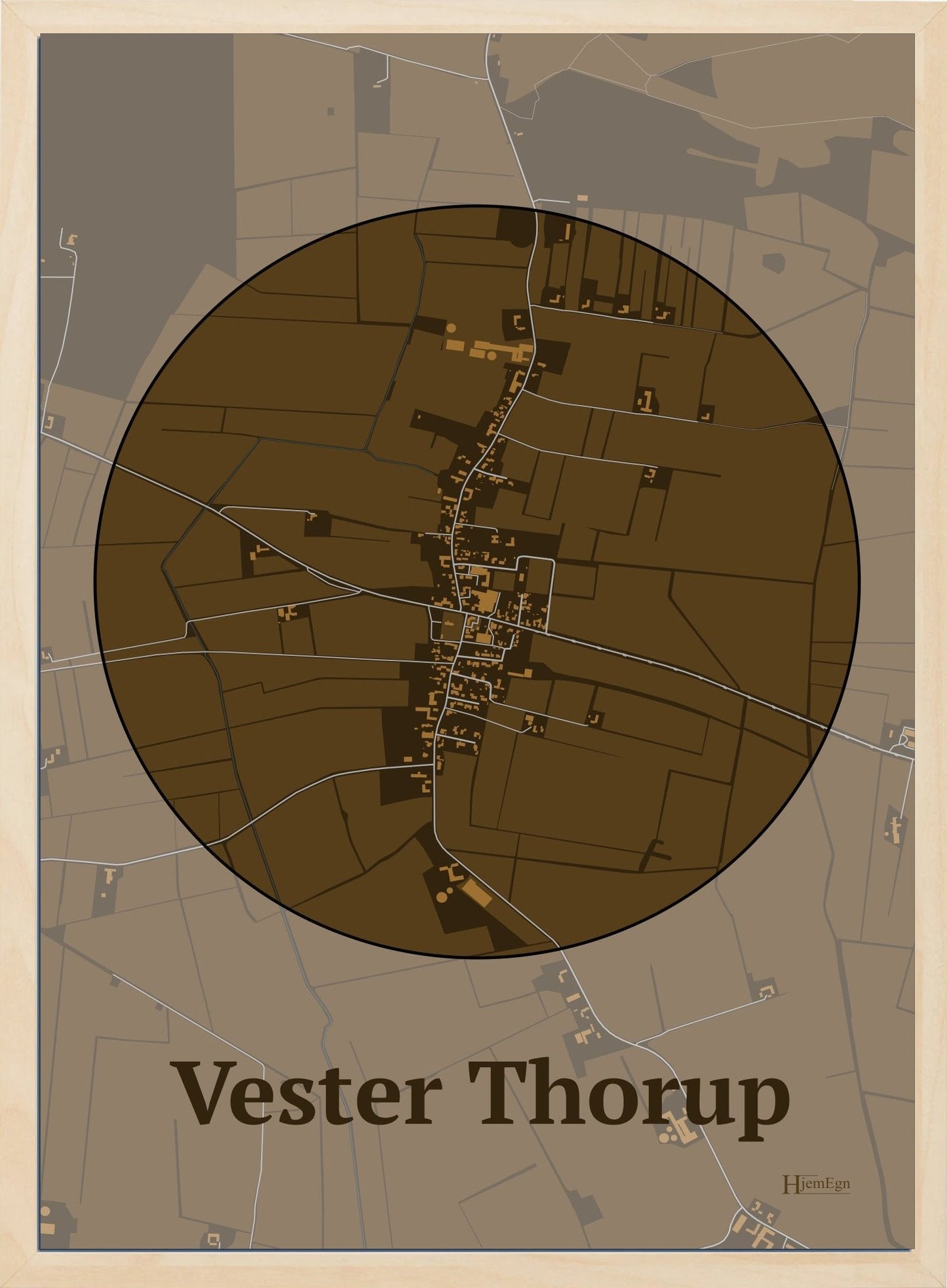 Vester Thorup plakat i farve mørk brun og HjemEgn.dk design centrum. Design bykort for Vester Thorup
