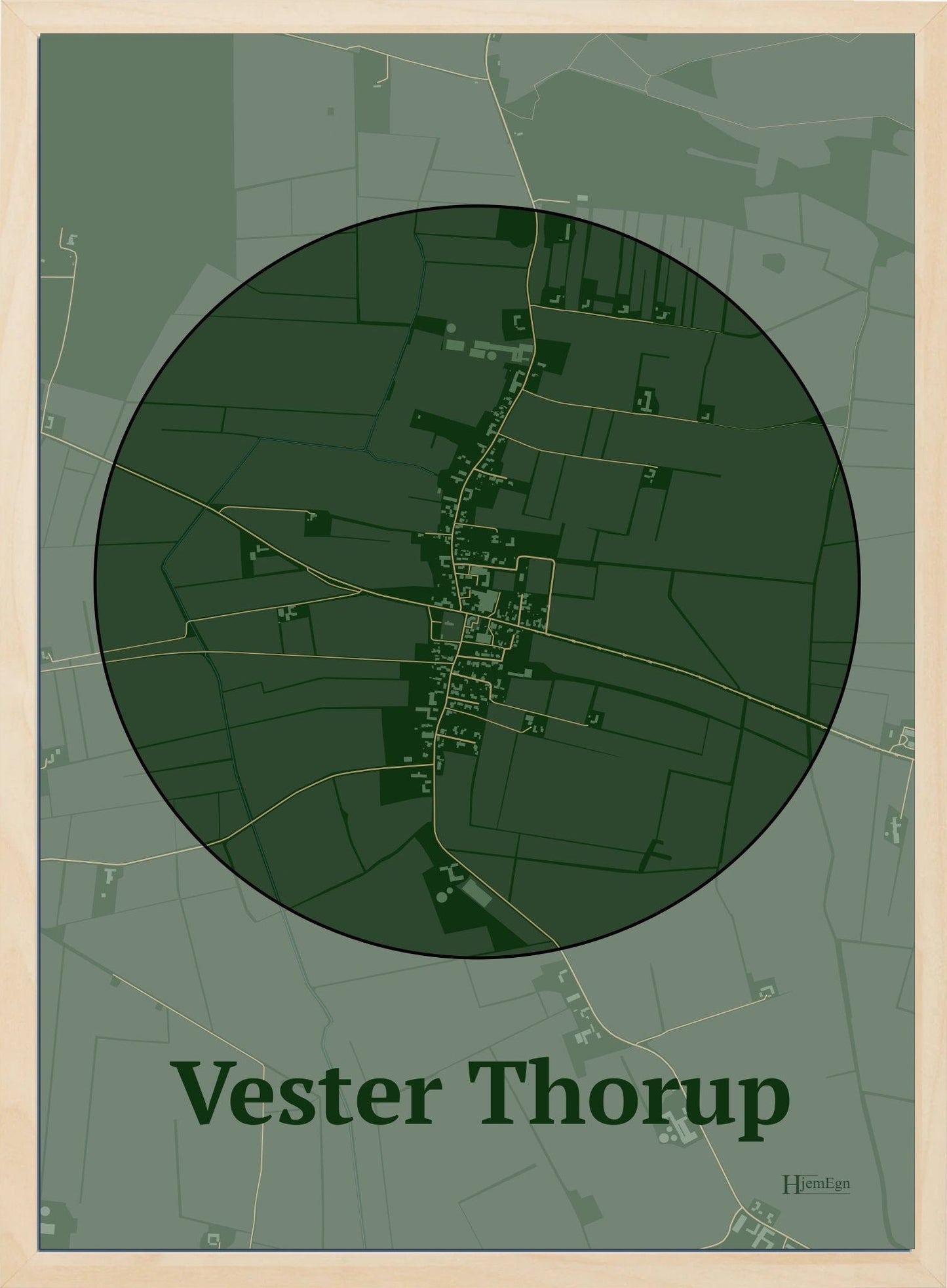 Vester Thorup plakat i farve mørk grøn og HjemEgn.dk design centrum. Design bykort for Vester Thorup